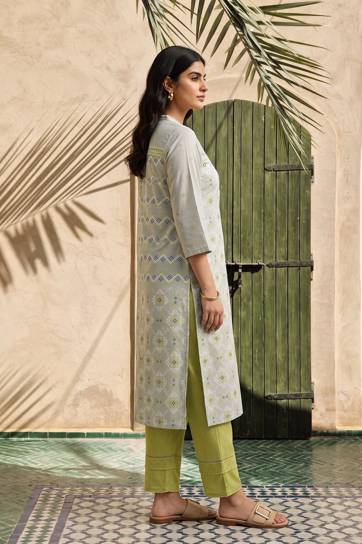 Grey Geometric Printed Lace Rayon Straight Kurta with Straight Pant Set