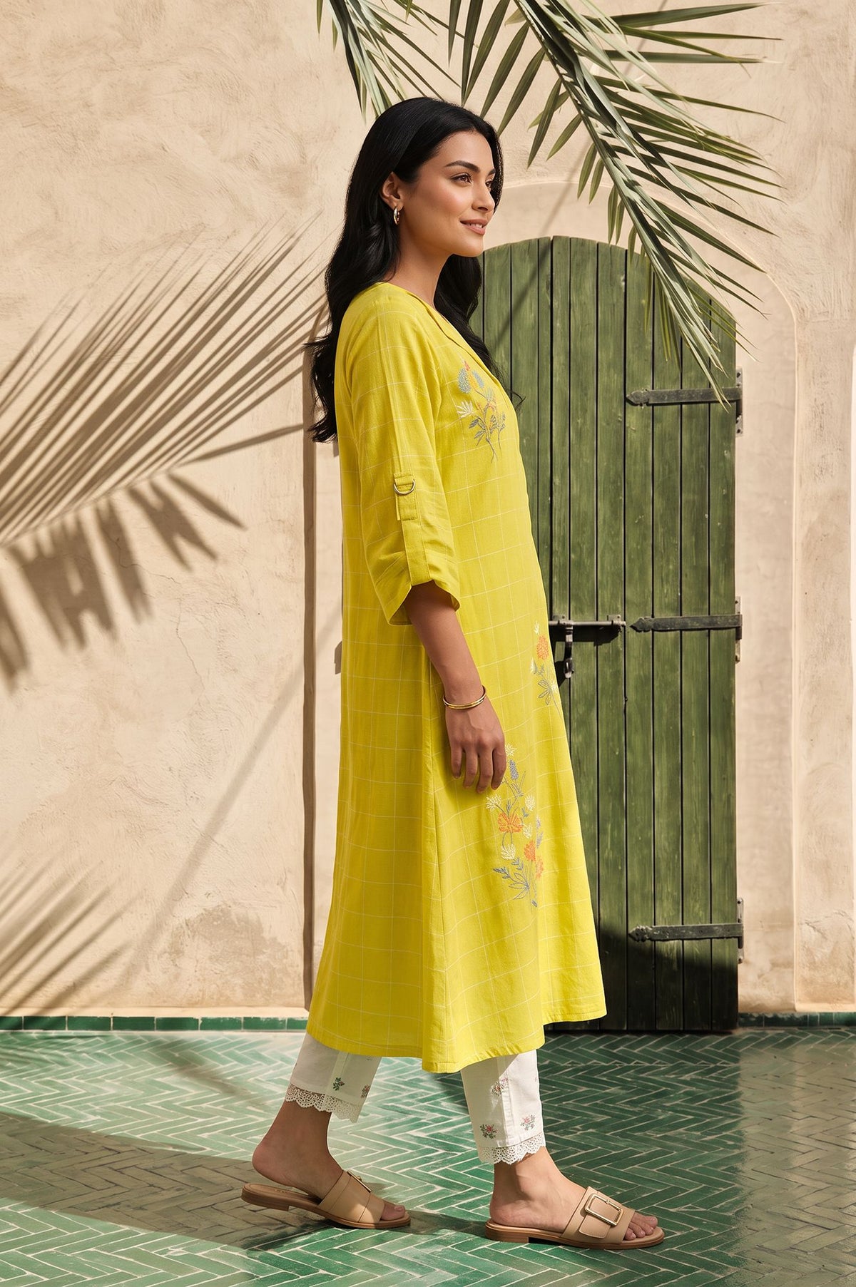 Yellow Checkered Thread Embroidered Yarn Dyed Dobby A-line Kurta with Slim Pant Set