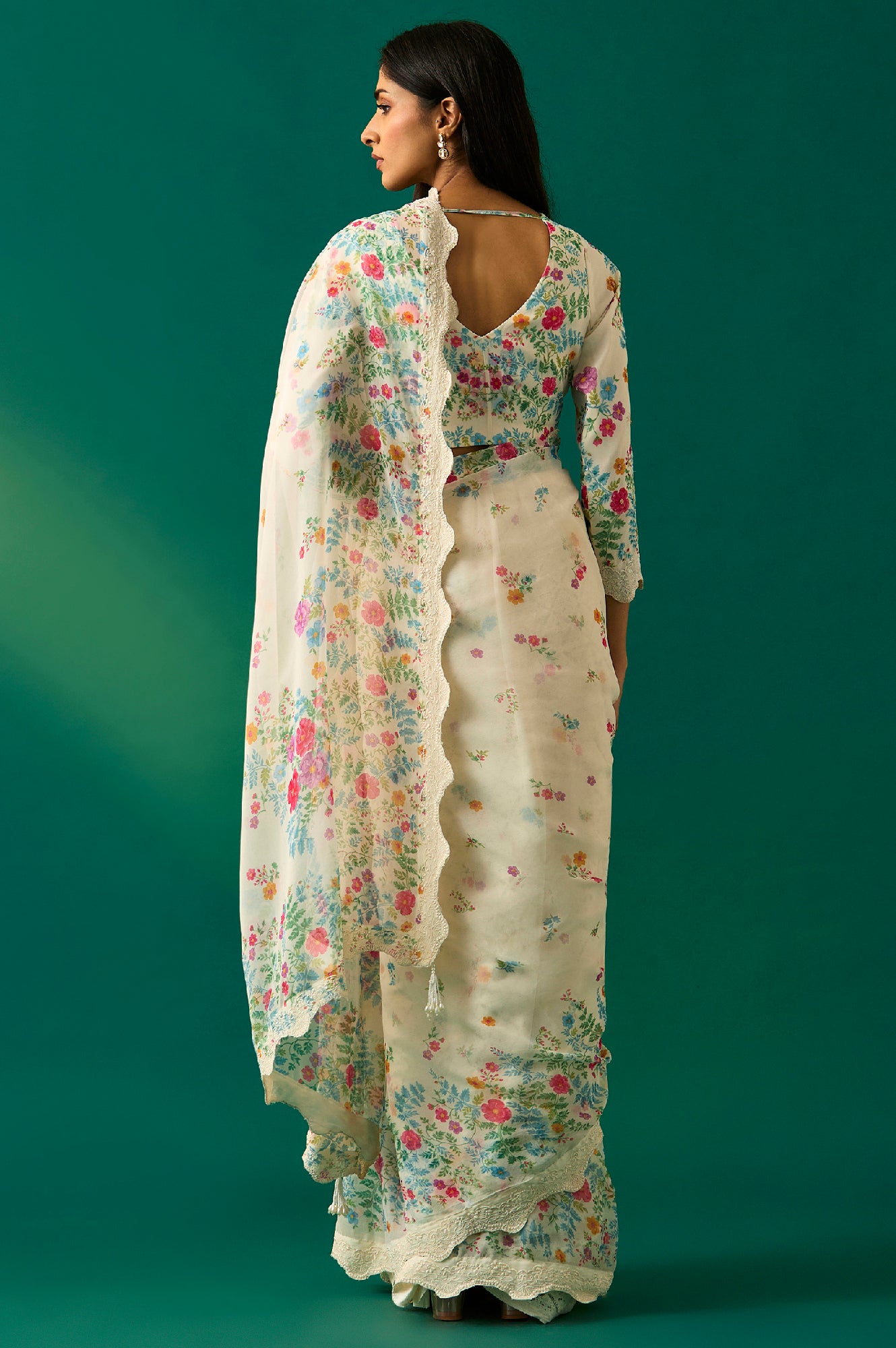 Off-White Floral Printed Embroidered Georgette Saree with Unstitched Blouse