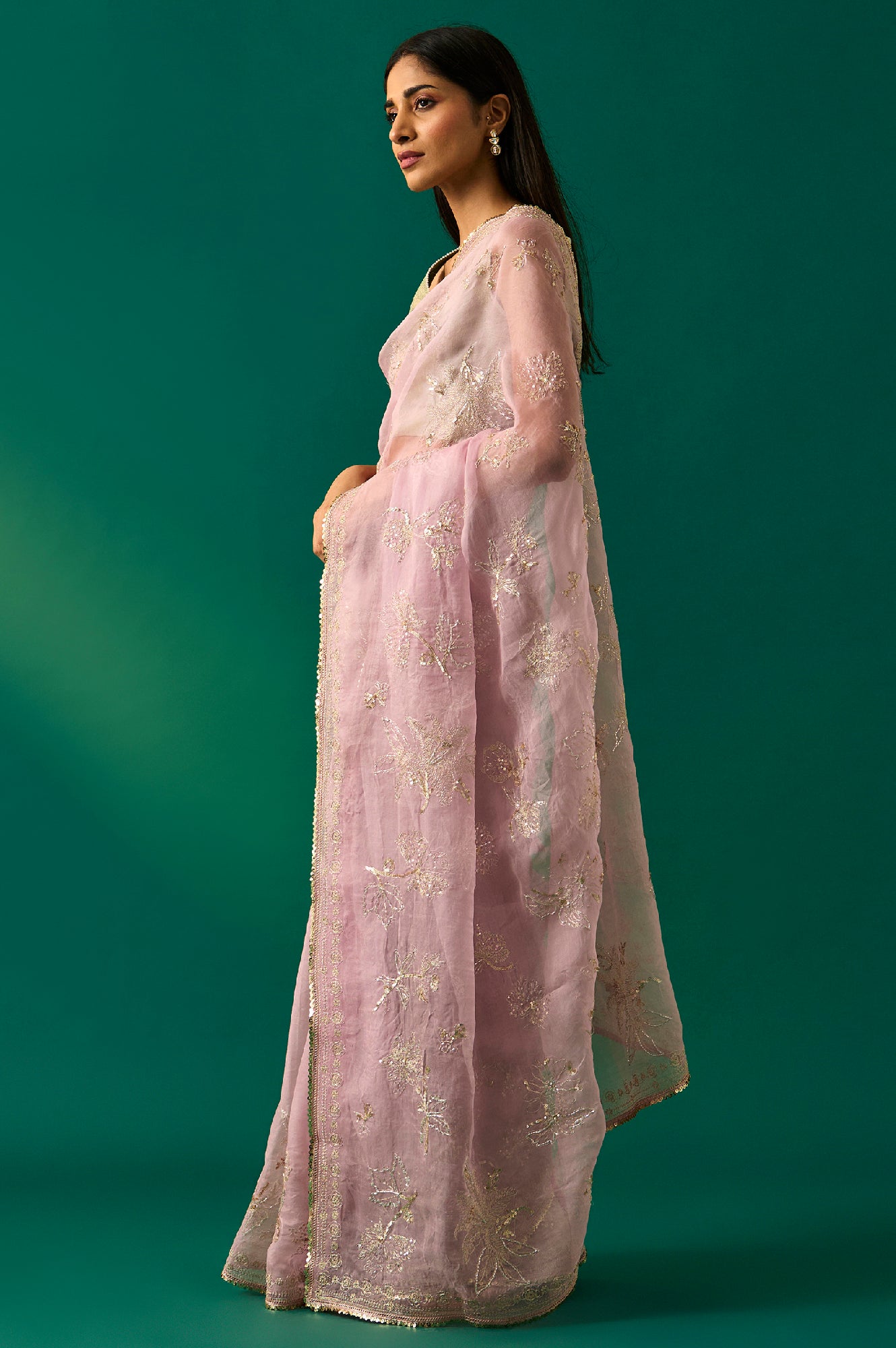 Pink Floral Printed Embroidered Silk Saree with Unstitched Blouse