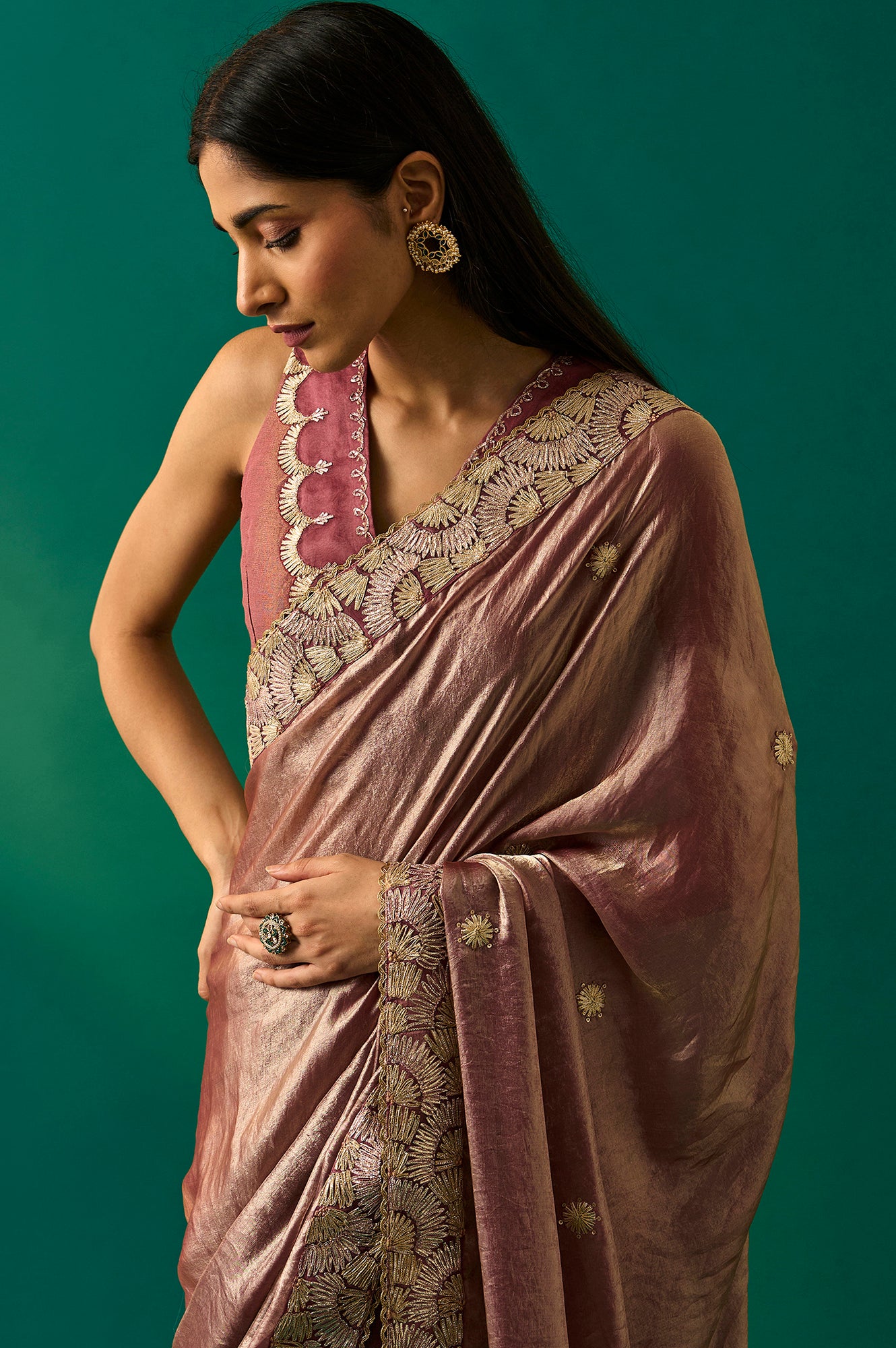 Pink Zari Embroidered Zari Work Banarasi Tissue Satin Saree with Unstitched Blouse