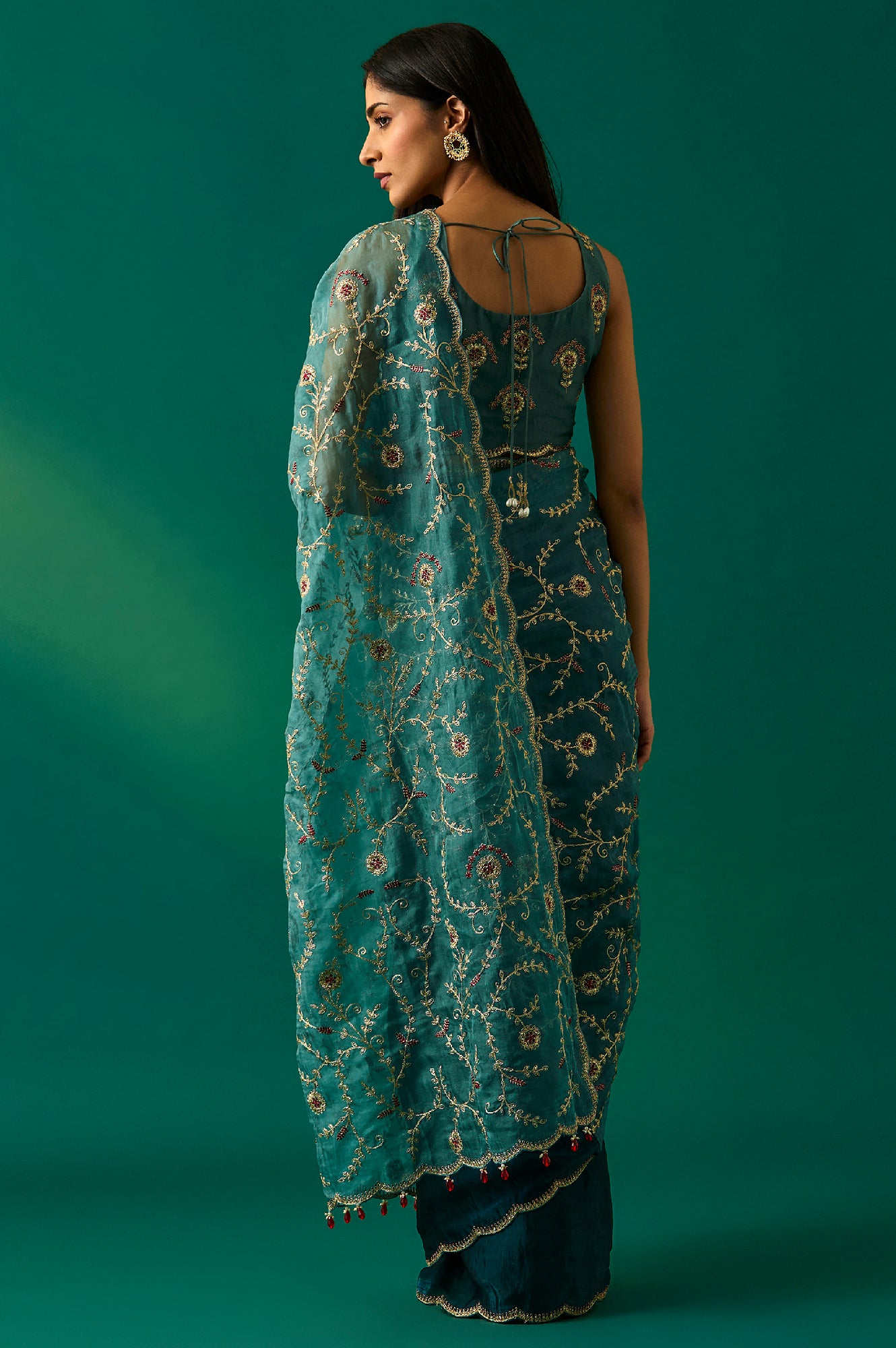 Teal Floral Embroidered Zari Work Tissue Satin Saree with Unstitched Blouse