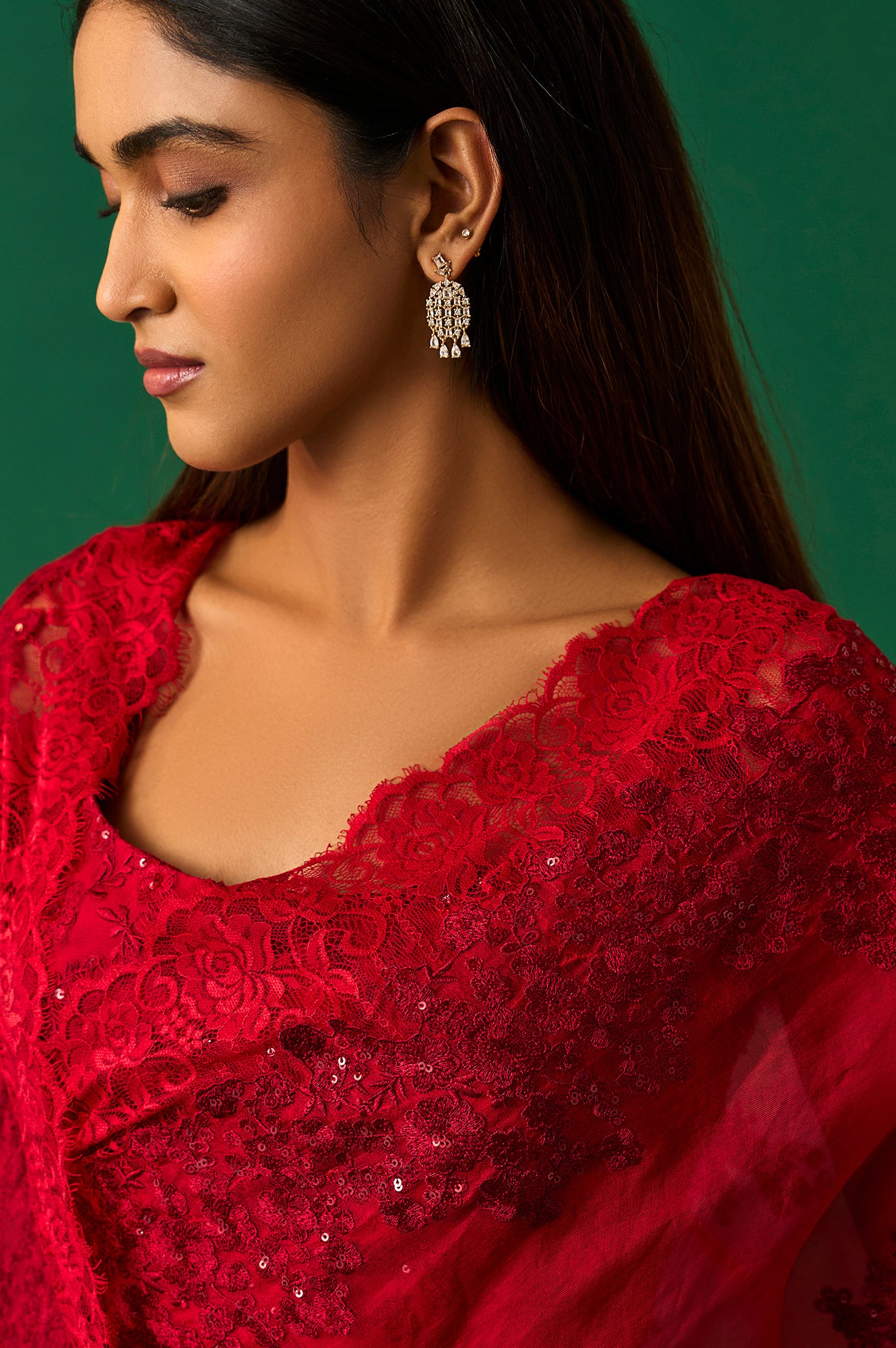 Red Floral Printed Embroidered Sequined Silk Saree with Unstitched Blouse