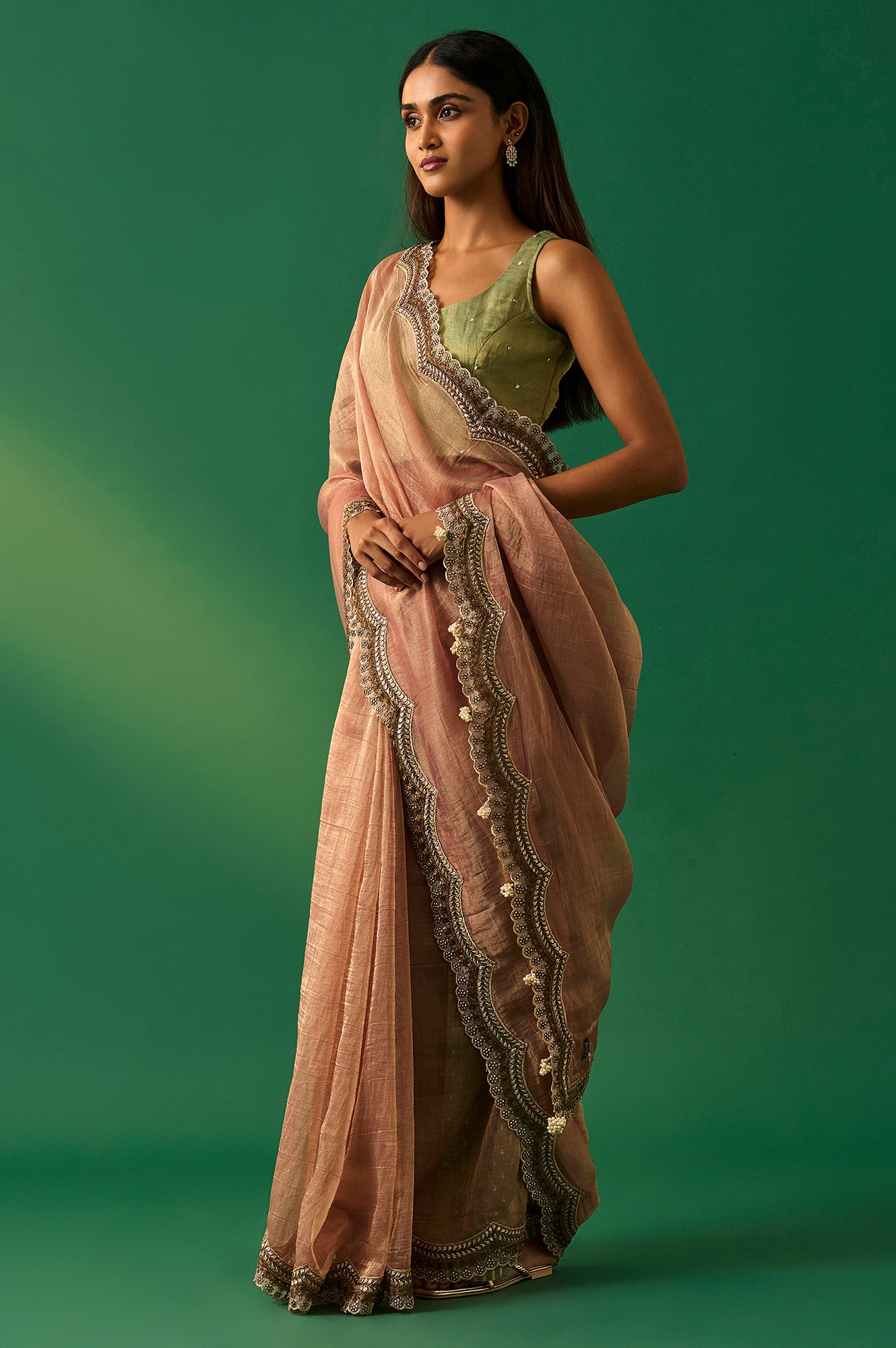 Pink Solid Zari Work Tissue Saree with Unstitched Blouse