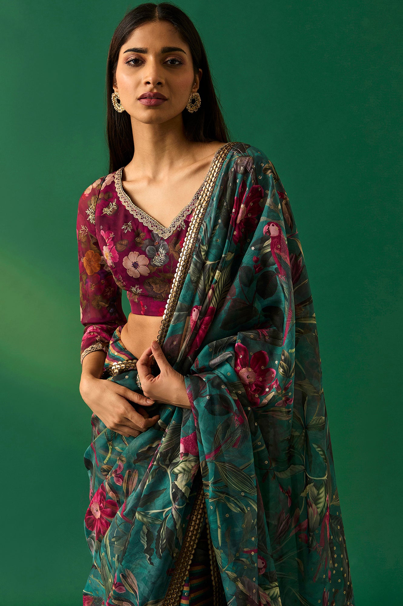 Green Floral Printed Embroidered Sequined Organza Saree with Unstitched Blouse