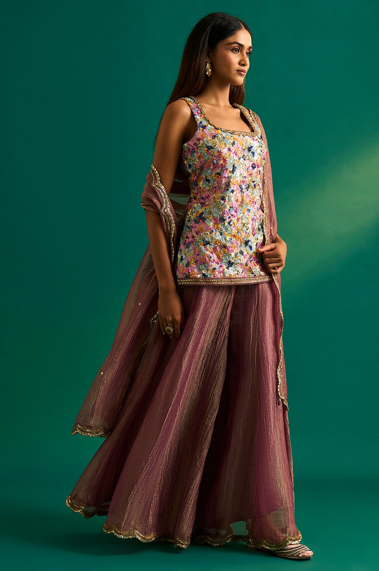 Multicolor Embroidered Straight Tissue Kurta with Culottes and Dupatta Set