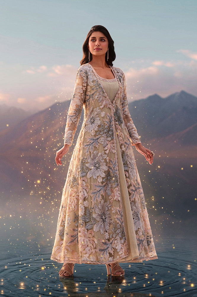 Buy Beige Sequin Embroidered Long Jacket, Anarkali Dress and Churidar Set Online for Woman | WforWoman Buy Beige Sequin Embroidered Long Jacket, Anarkali Dress and Churidar Set Online for Woman | WforWoman
