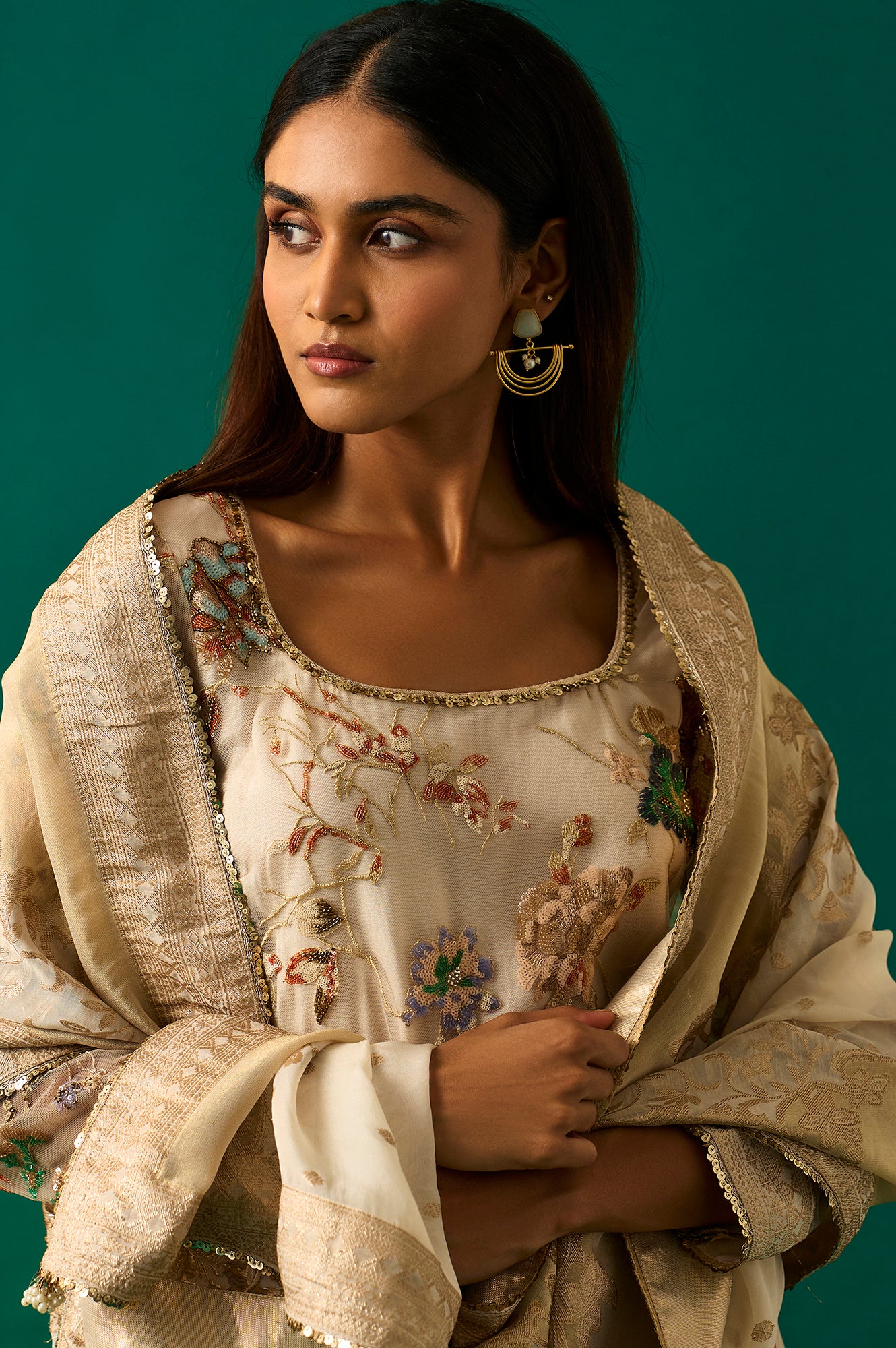 Beige Embroidered Straight Tissue Kurta with Sharara and Dupatta Set