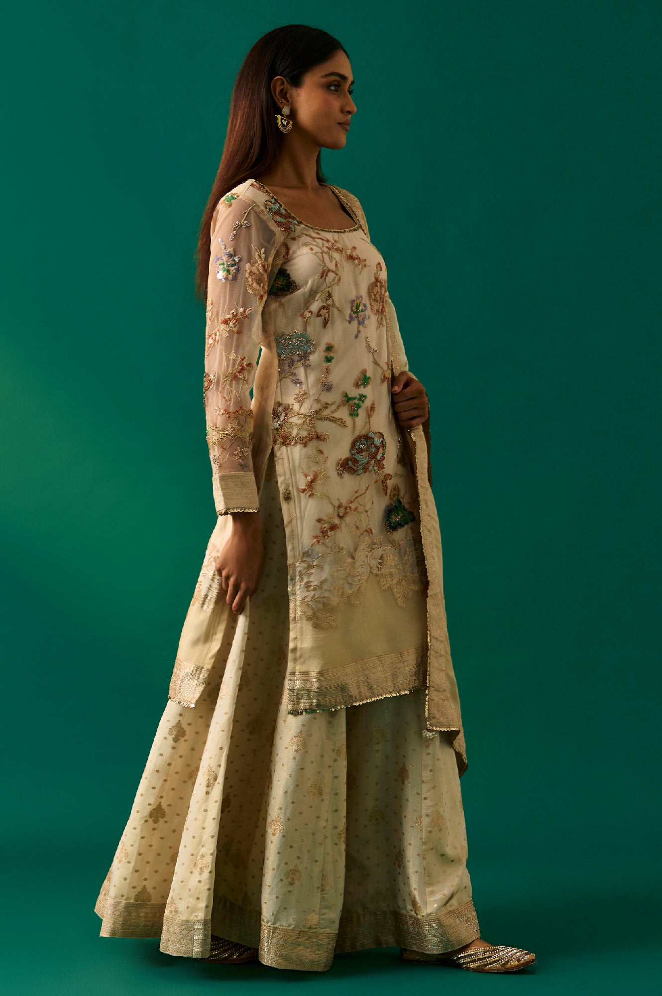 Beige Embroidered Straight Tissue Kurta with Sharara and Dupatta Set