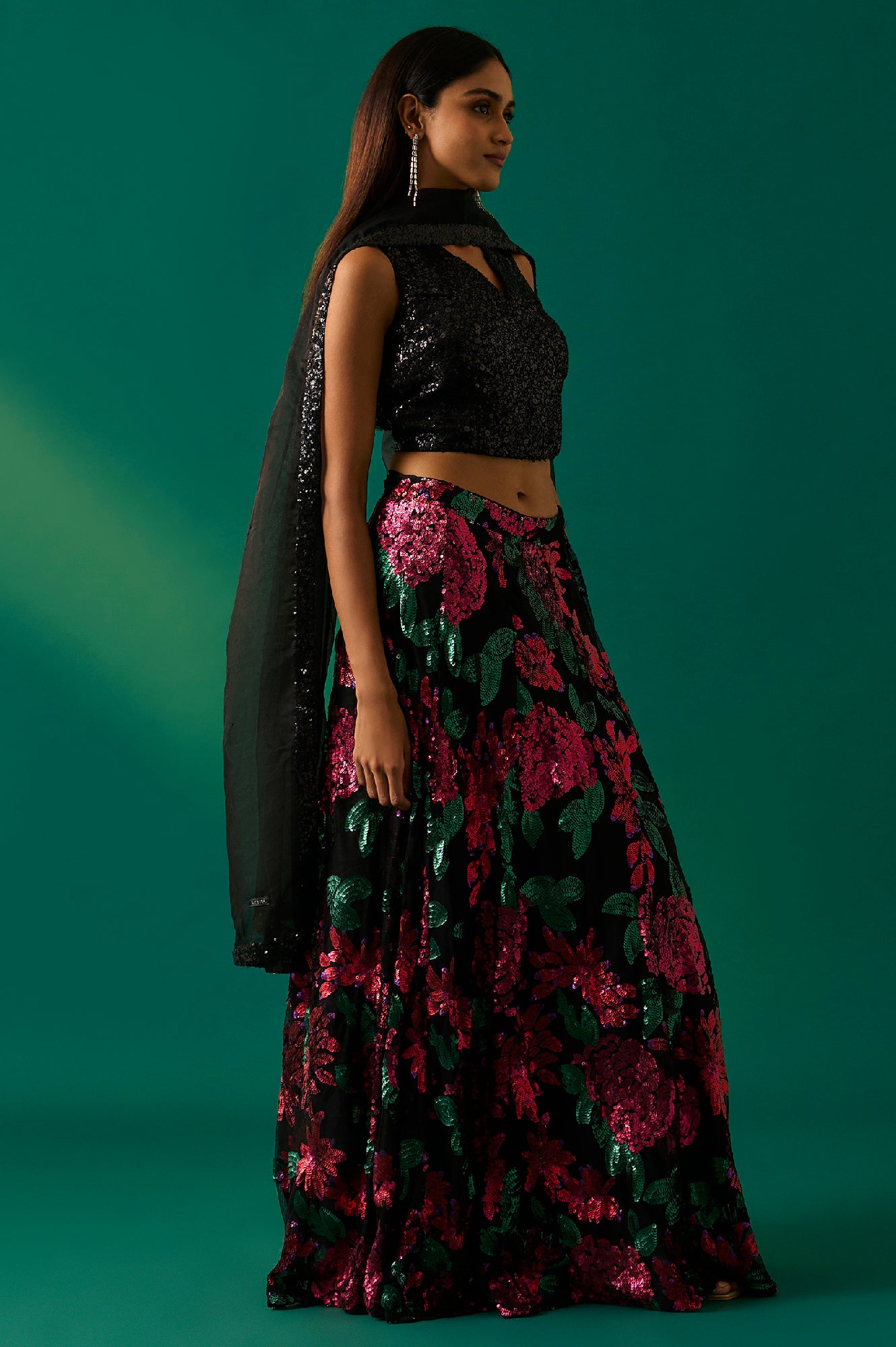 Black Sequin Embellished Straight Blouse with Skirt and Dupatta Set