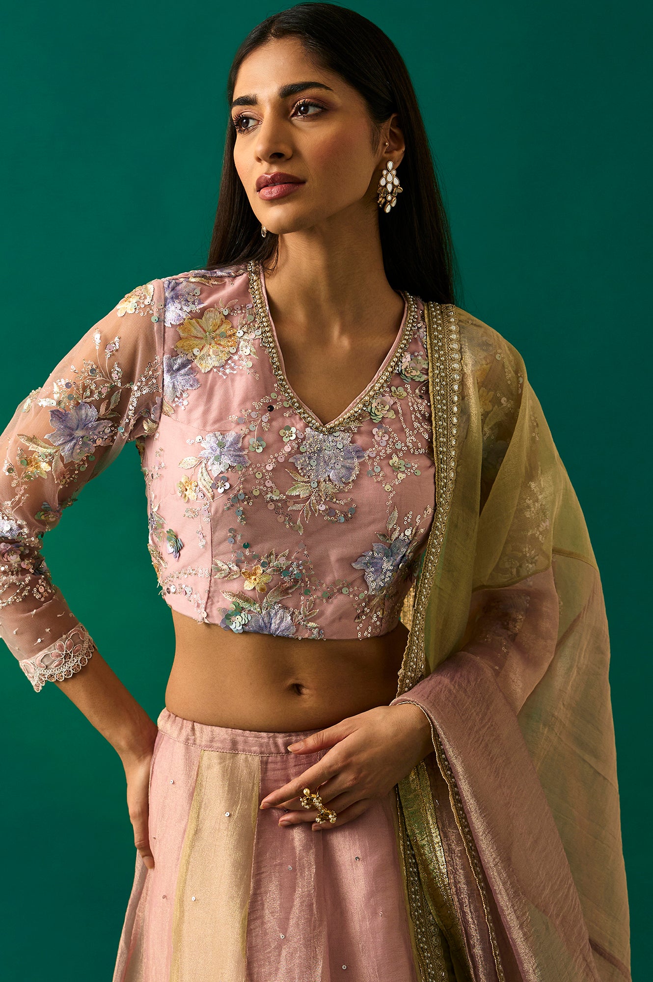 Pink Embroidered Tissue Blouse with Skirt and Dupatta Set