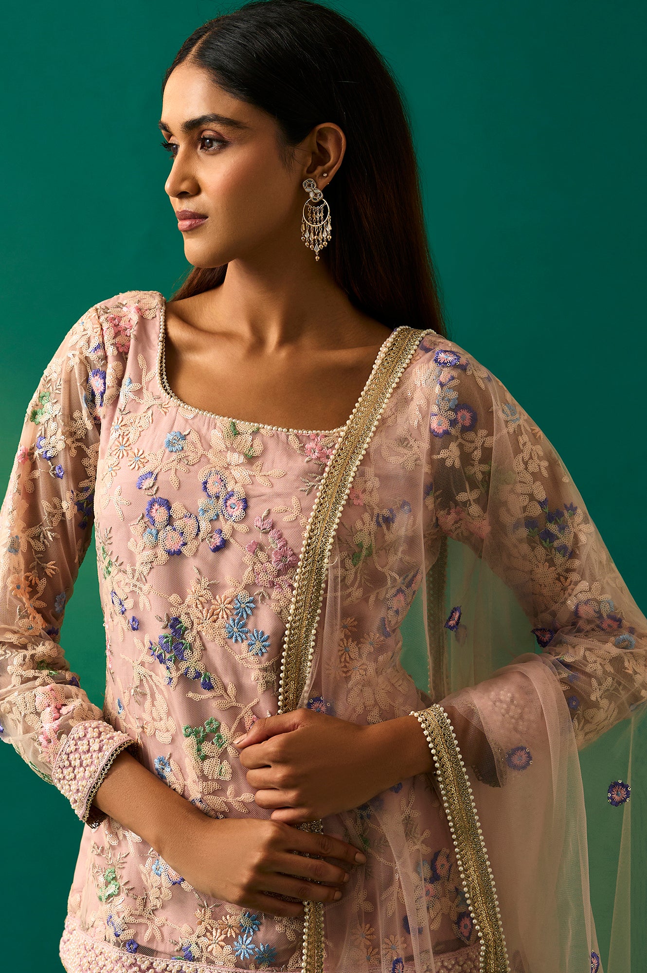 Pink Floral Embroidered Straight Kurta with Culotte and Dupatta Set