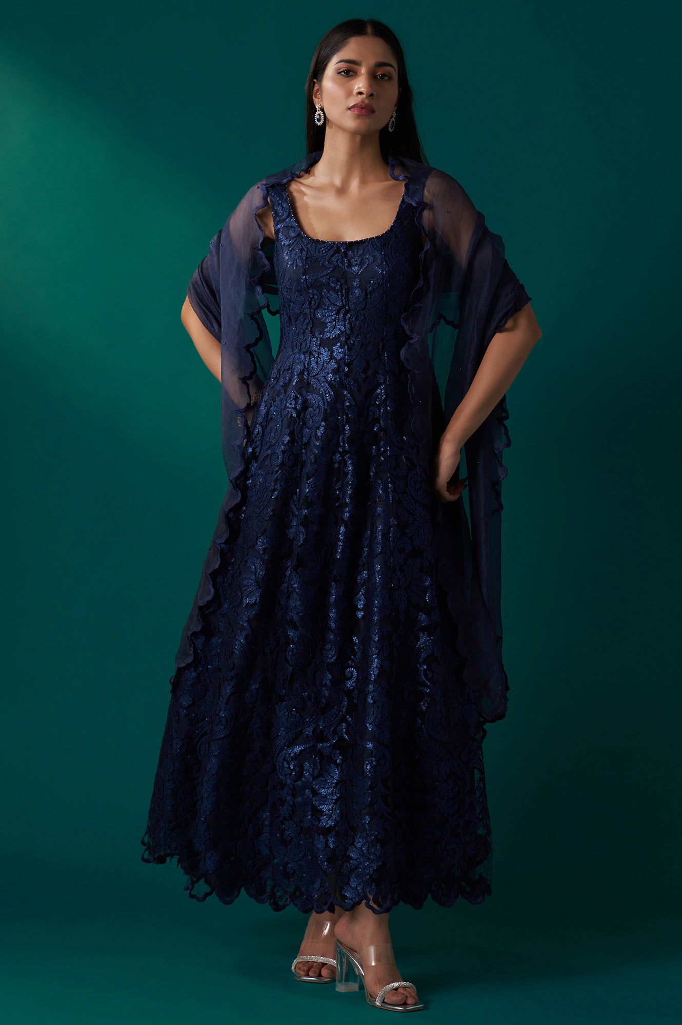 Buy Navy Blue Sequin Embroidered Anarkali Dress and Scalloped Organza Dupatta Set Online for Woman | WforWoman Buy Navy Blue Sequin Embroidered Anarkali Dress and Scalloped Organza Dupatta Set Online for Woman | WforWoman