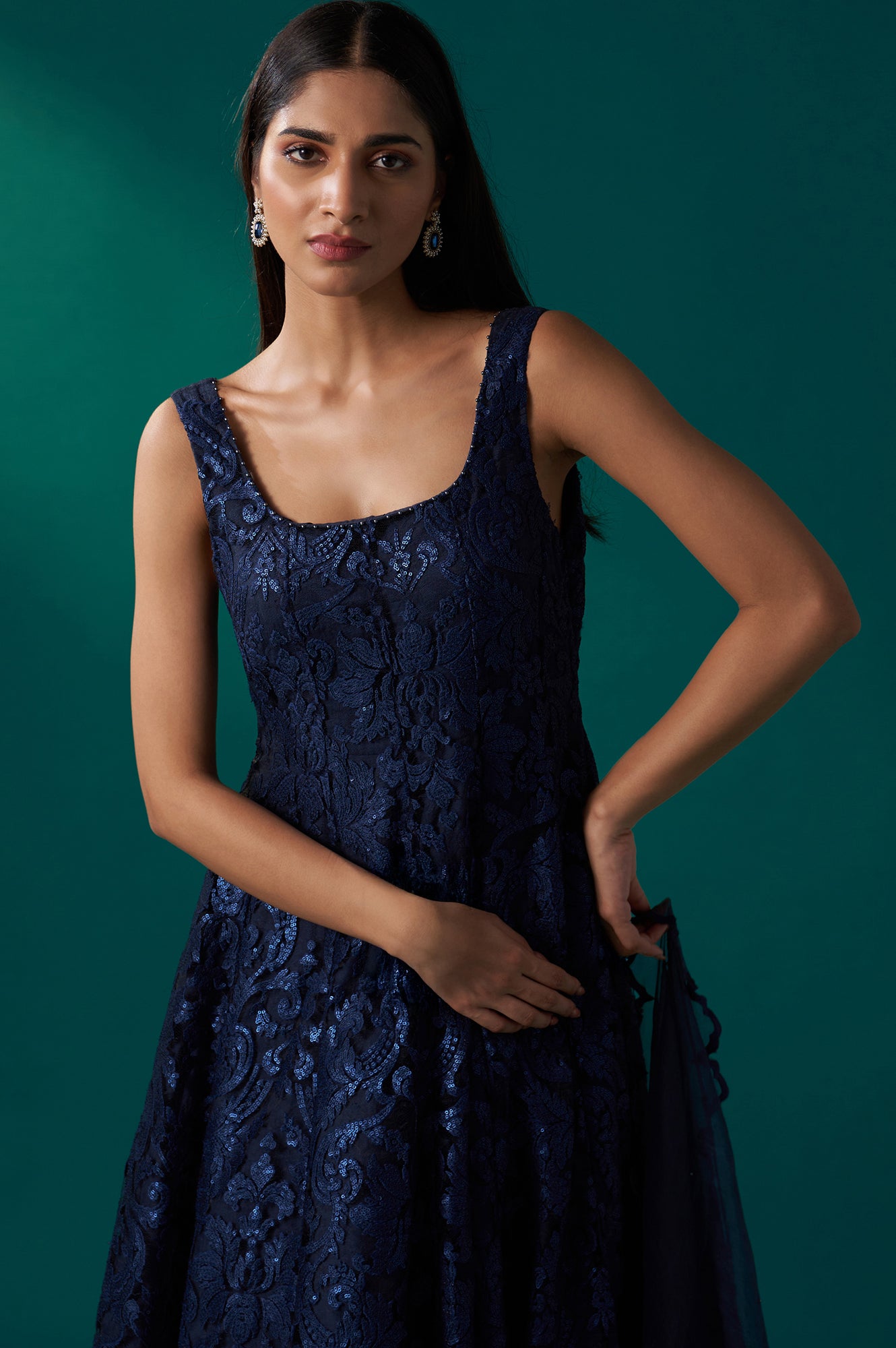 Navy Blue Sequin Embroidered Anarkali Dress and Scalloped Organza Dupatta Set