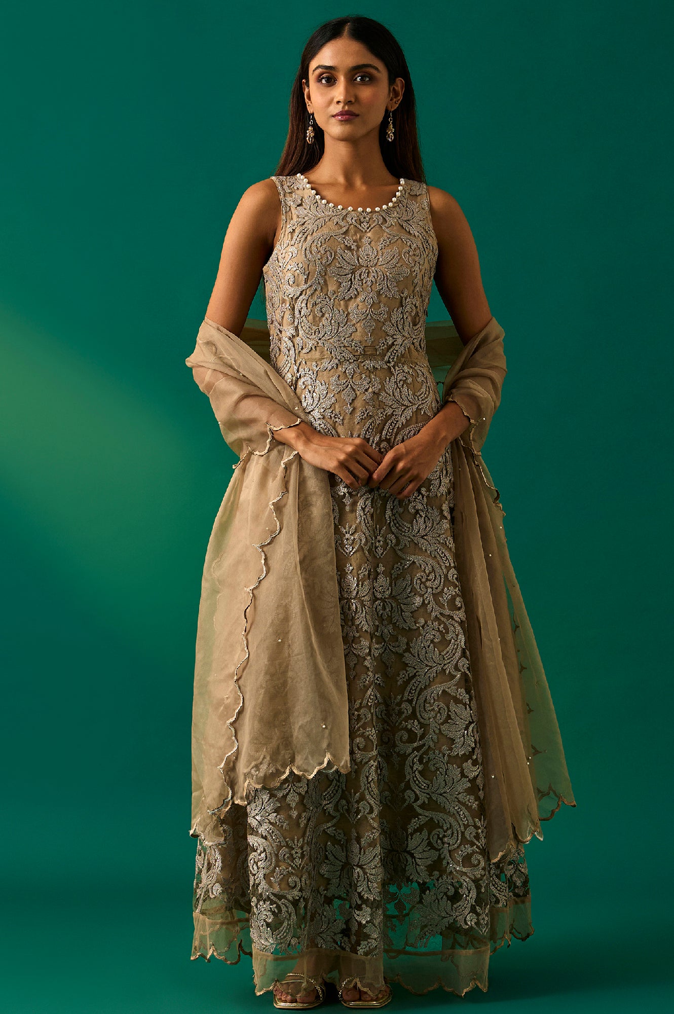 Buy Beige Embroidered Anarkali Dress with Churidar and Dupatta Set Online  for Woman