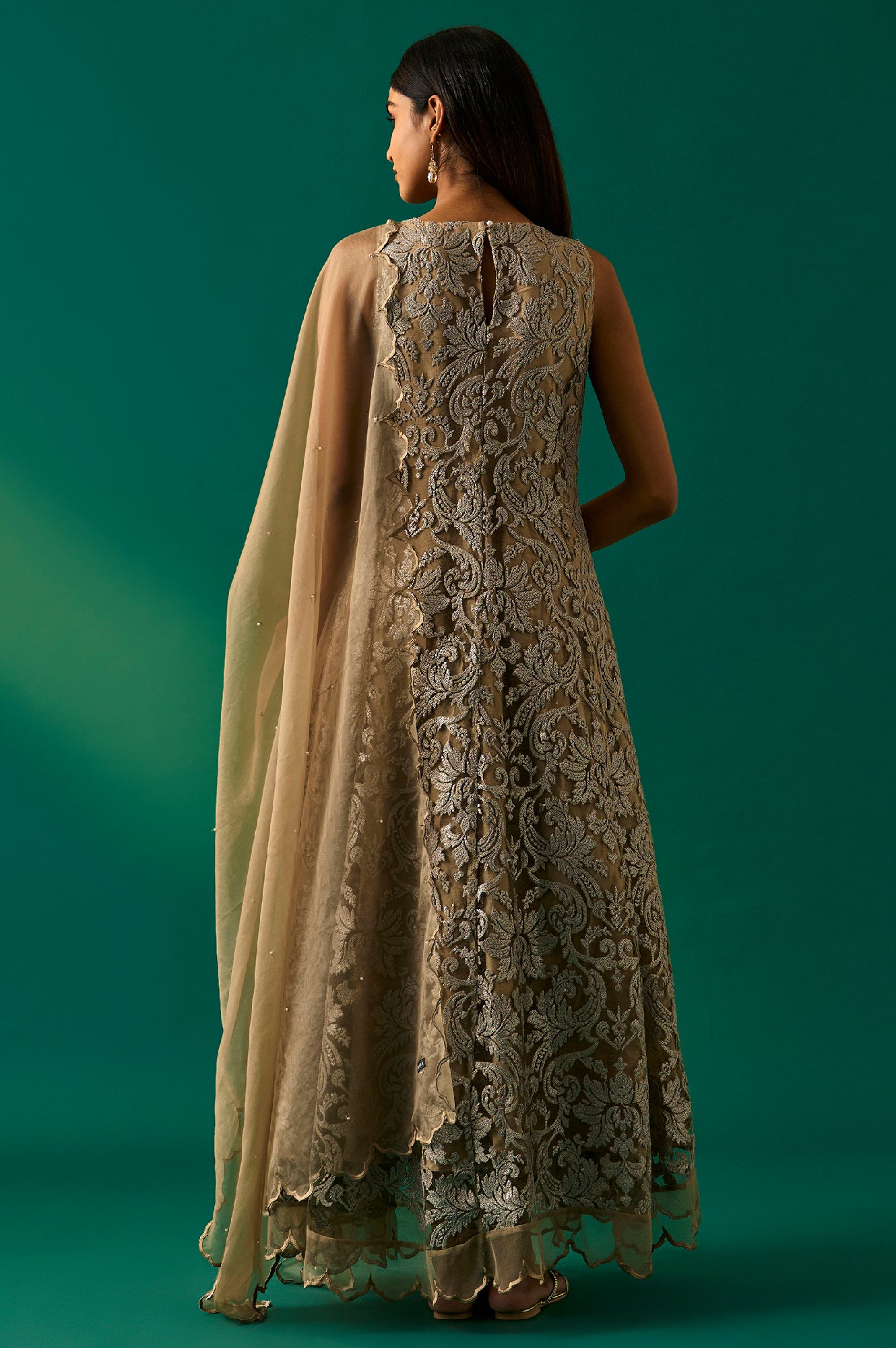 Beige Embroidered Anarkali Dress with Churidar and Dupatta Set