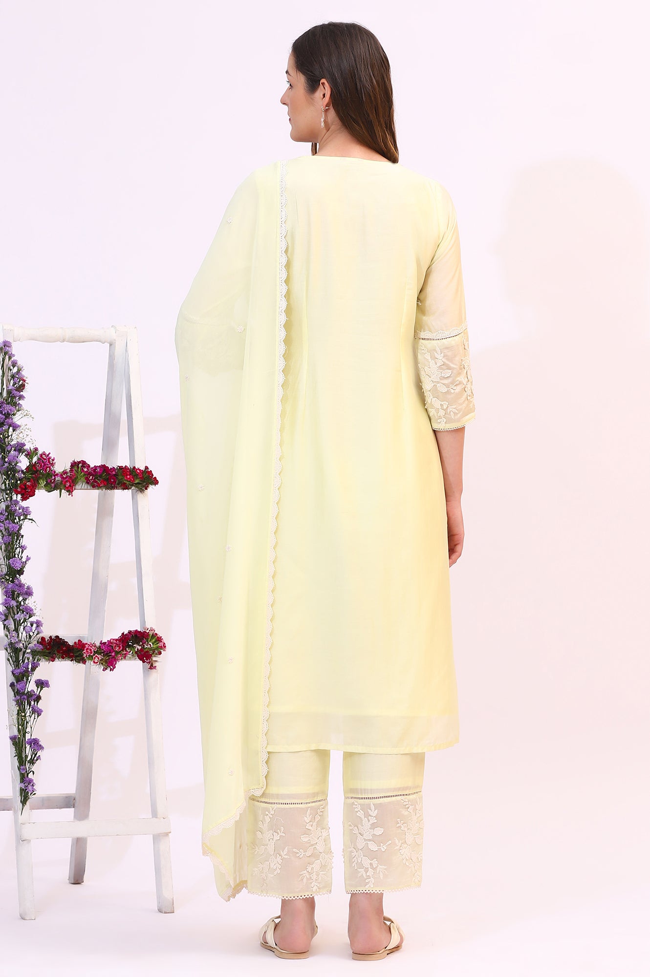 Lime Yellow Thread Embroidered Straight Kurta, Pants and Dupatta Set
