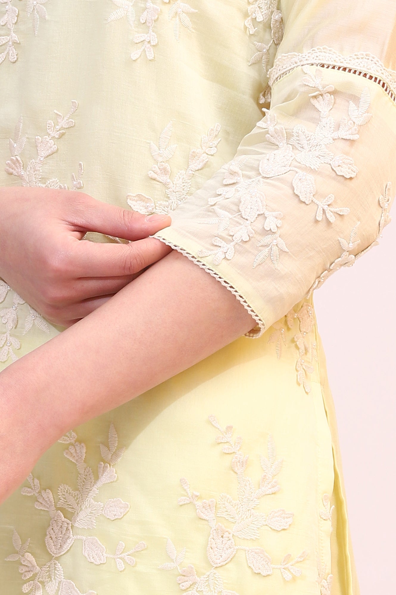 Lime Yellow Thread Embroidered Straight Kurta, Pants and Dupatta Set