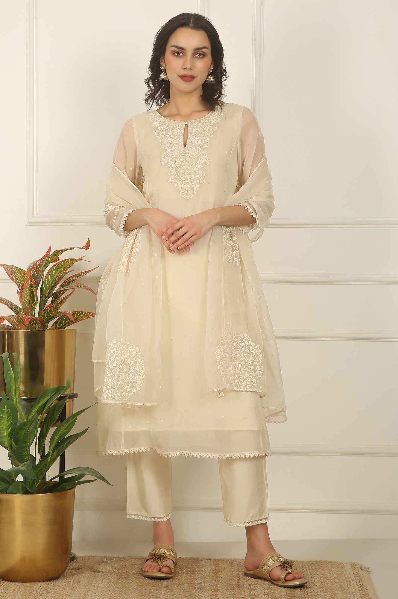White Embroidered Organza Flared Kurta, Pants and Dupatta Set