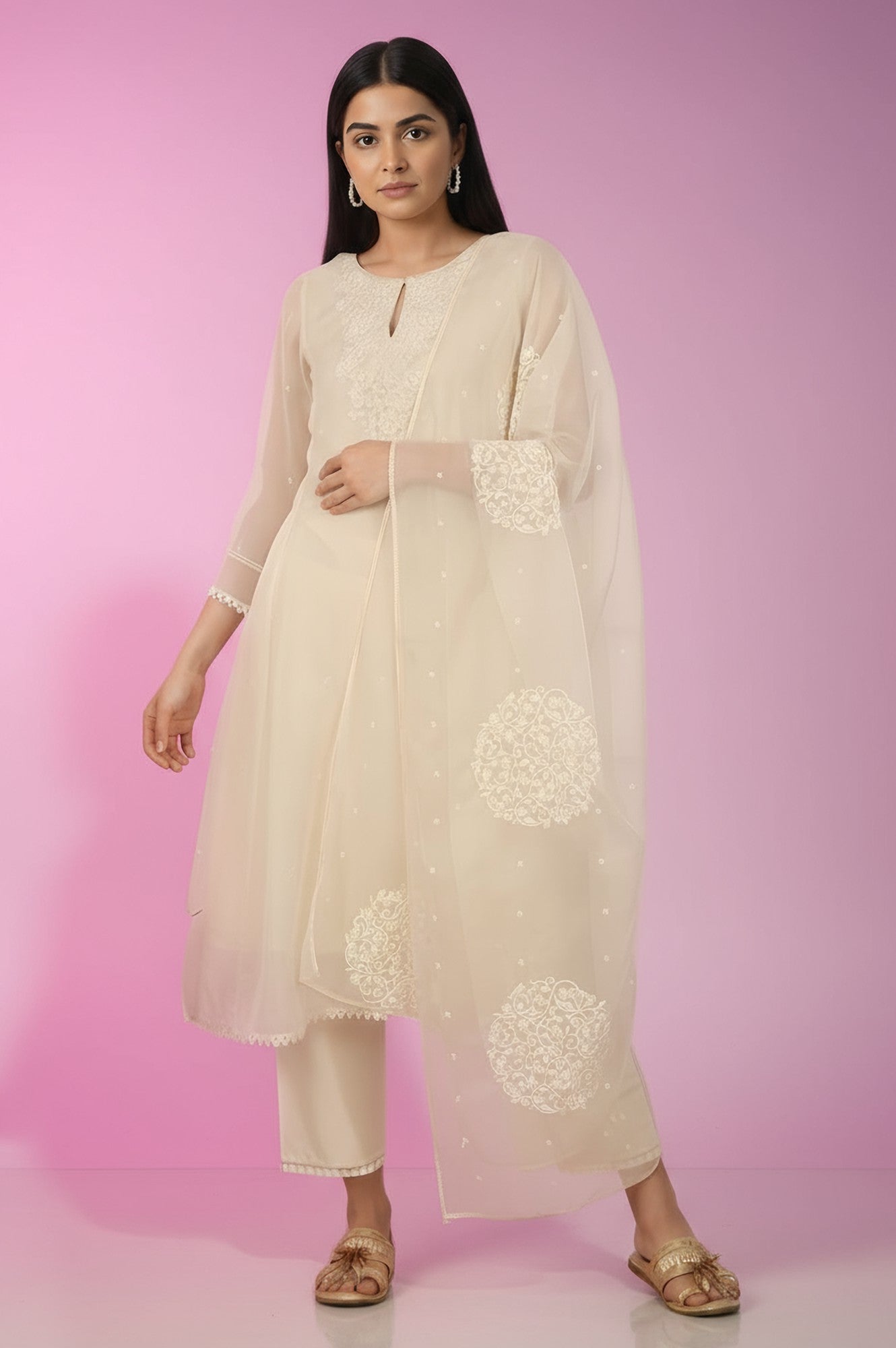 White Embroidered Organza Flared Kurta, Pants and Dupatta Set