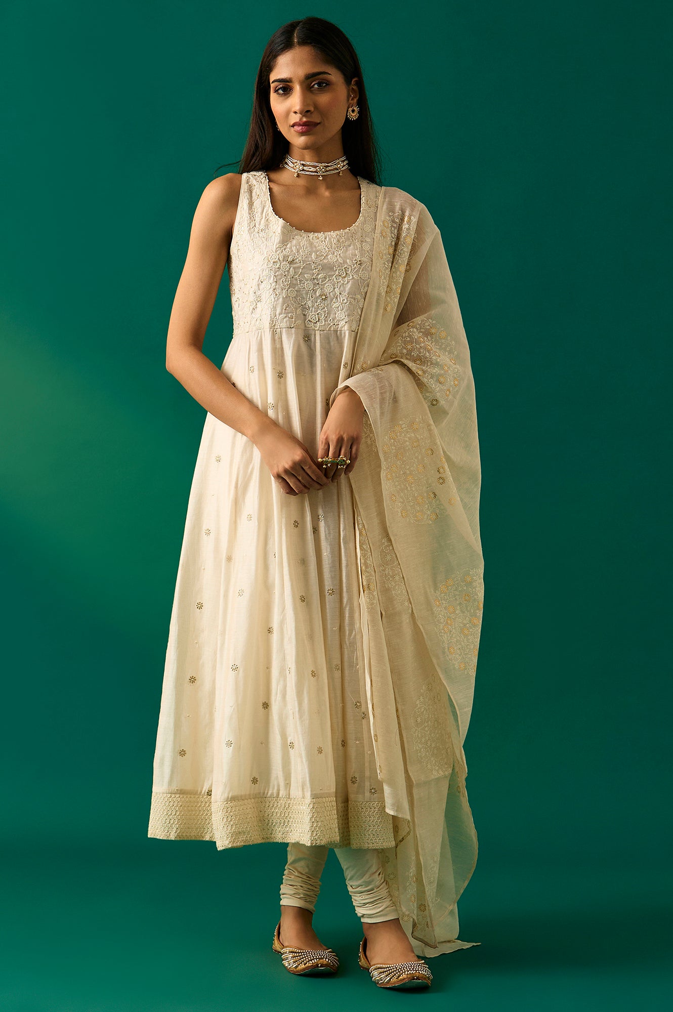 White Thread Embroidered Chanderi Sleeveless Flared Kurta, Churidar and Dupatta Set