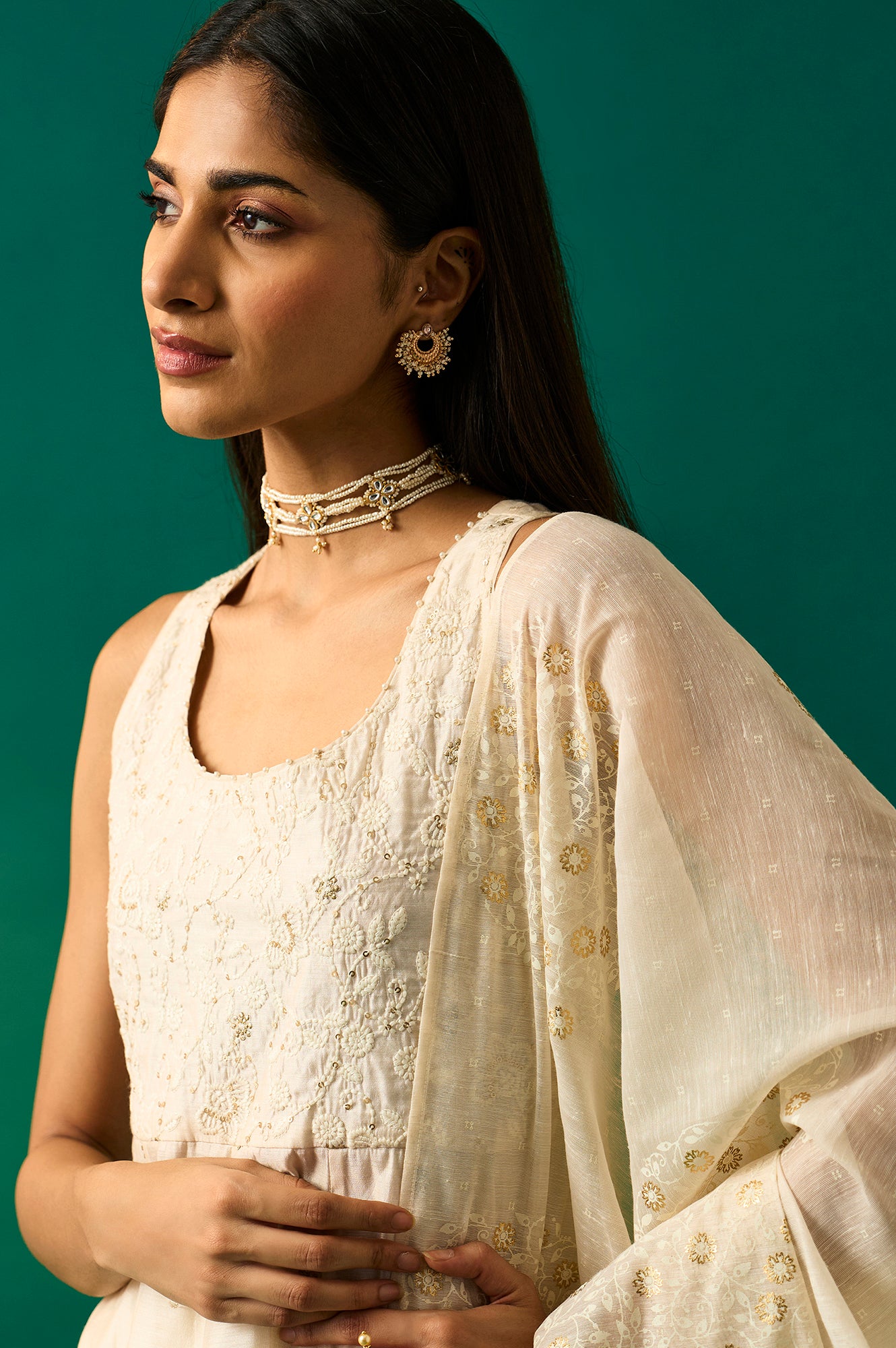 White Thread Embroidered Chanderi Sleeveless Flared Kurta, Churidar and Dupatta Set