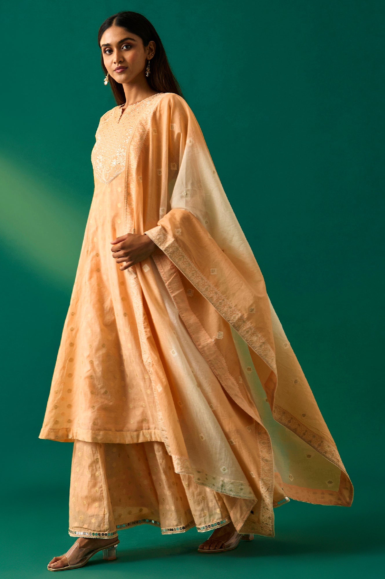 Peach Yarn Dyed Printed Chandari Jaquard Flared Kurta, Culotte and Dupatta Set