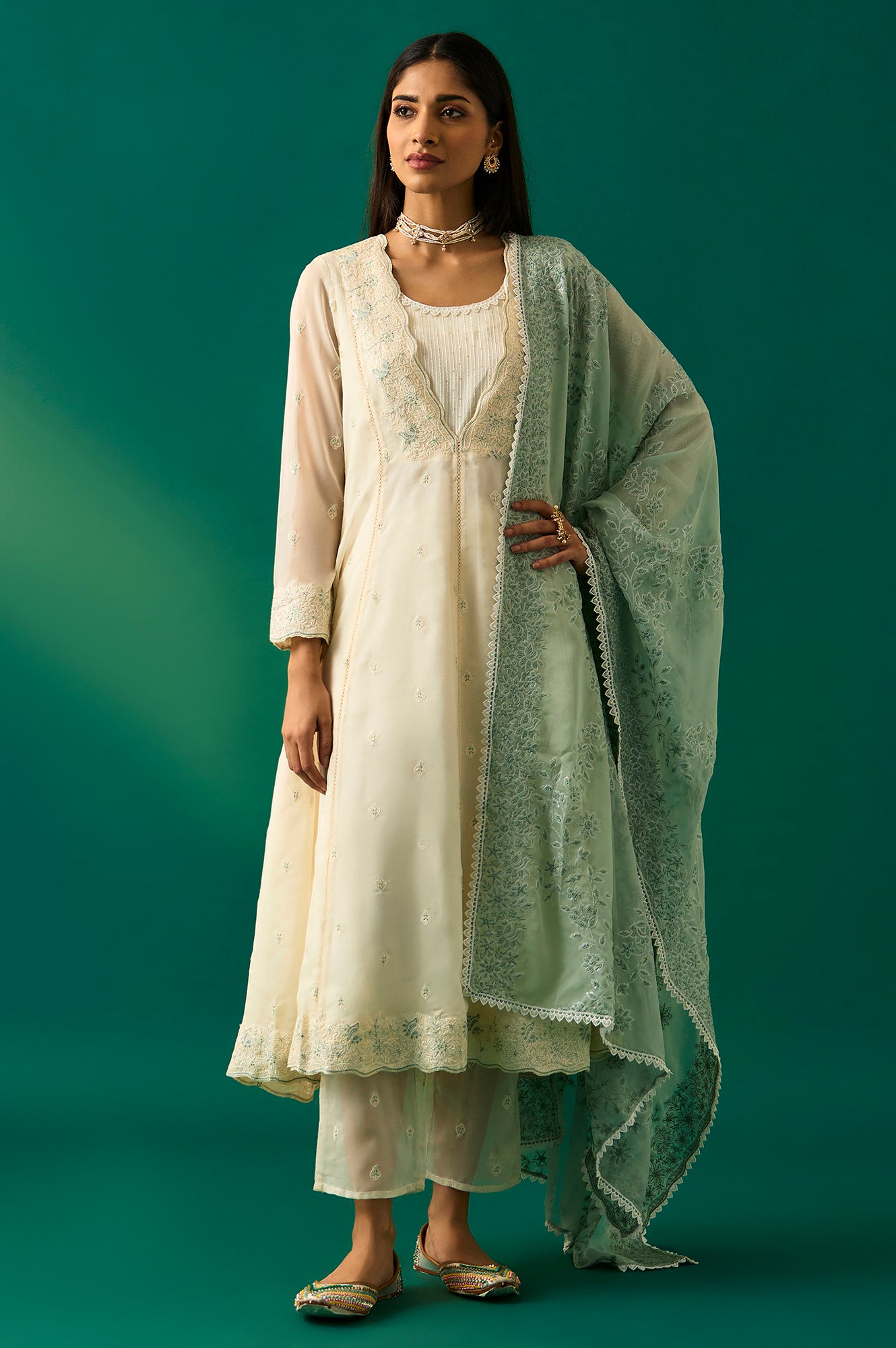Off White Thread Embroidered Organza Flared Kurta, Pants and Dupatta Set