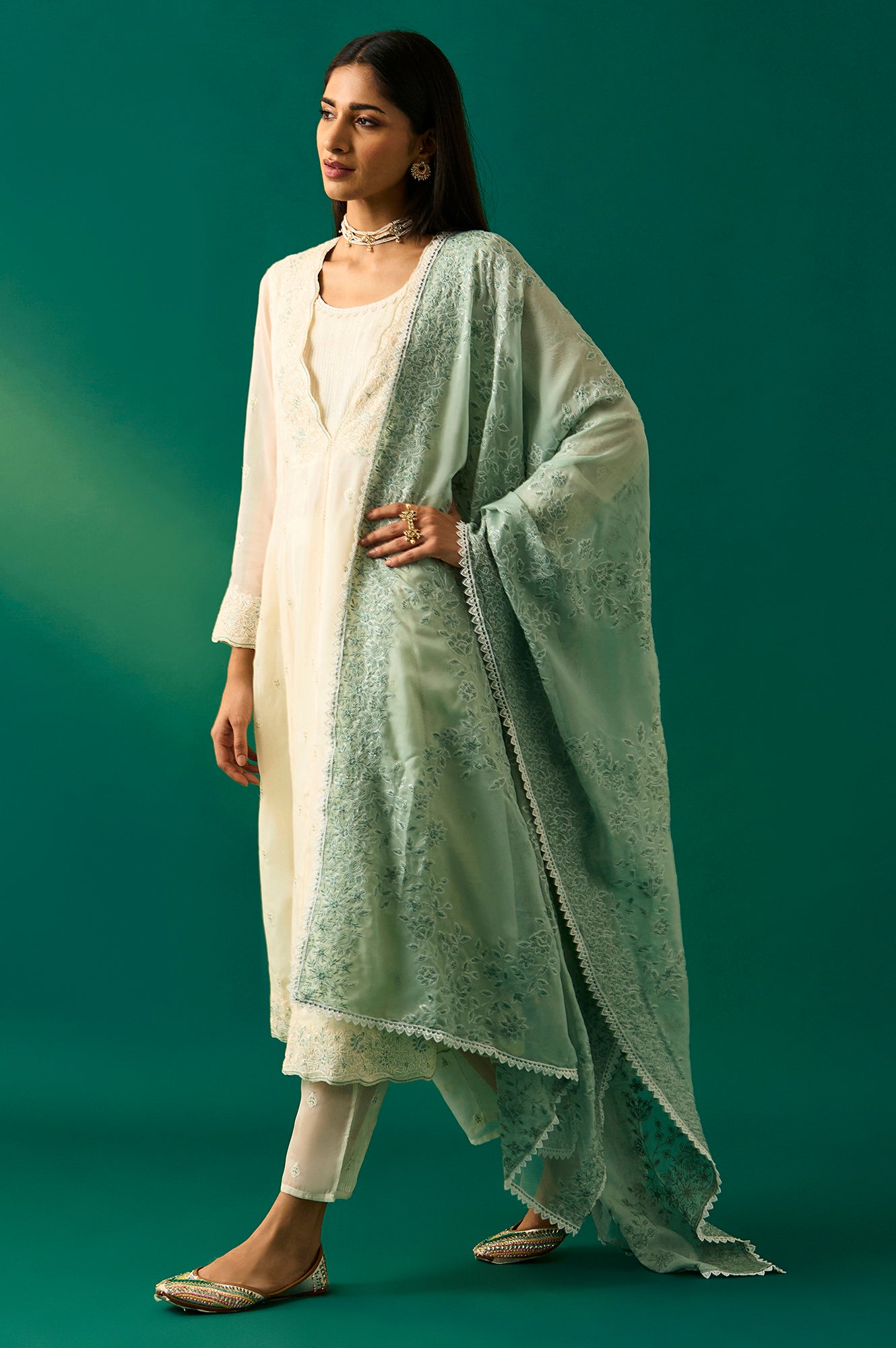 Off White Thread Embroidered Organza Flared Kurta, Pants and Dupatta Set