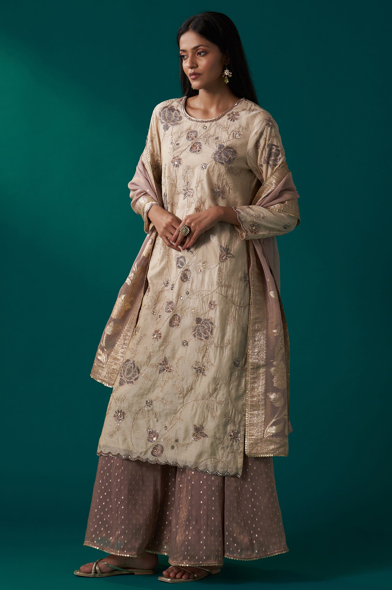 Light Gold Heavy Embroidered Straight Tissue Chanderi Kurta with Culottes and Dupatta Set