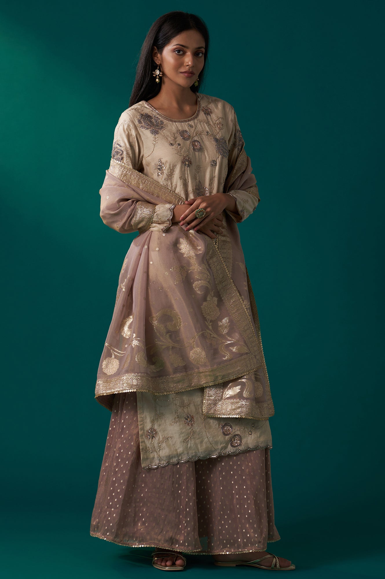 Light Gold Heavy Embroidered Straight Tissue Chanderi Kurta with Culottes and Dupatta Set