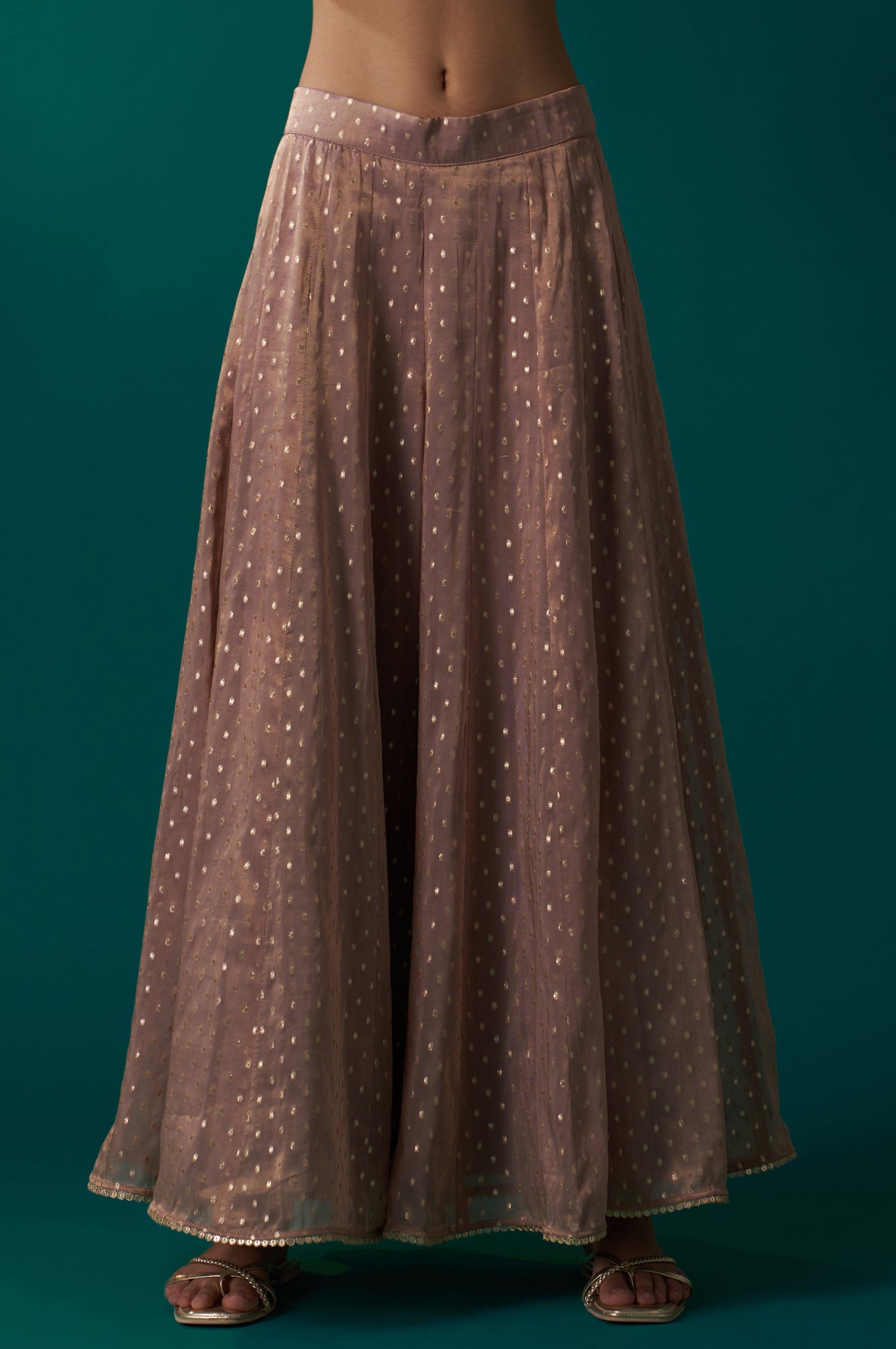 Light Gold Heavy Embroidered Straight Tissue Chanderi Kurta with Culottes and Dupatta Set