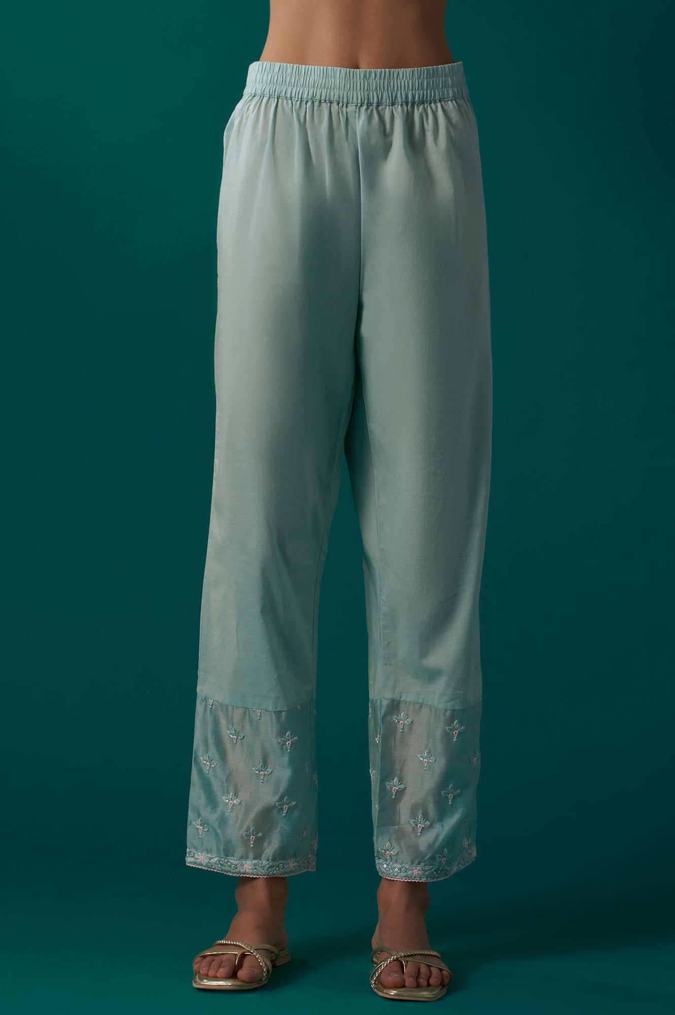 Aqua Mint Thread Embroidered Silk Chanderi Flared Kurta, Straight Pant and Dupatta Set