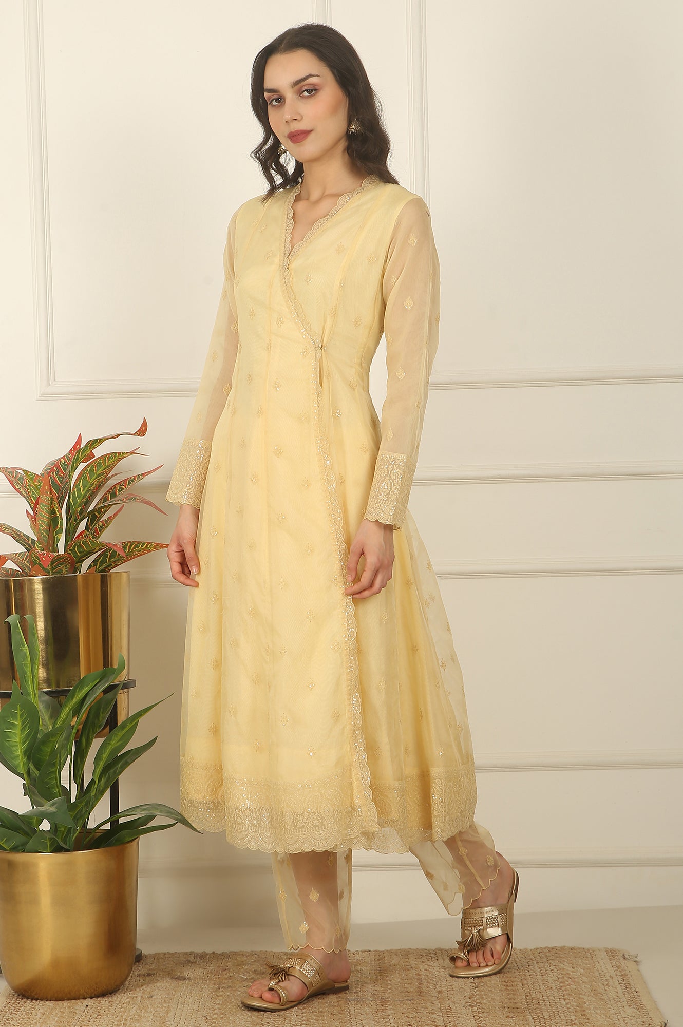 Yellow Embroidered Organza Angarakha Kurta, Pants and Dupatta Set