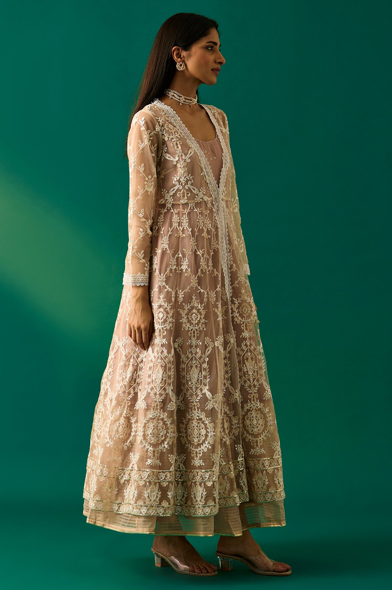 Old Rose Sequin Embroidered Mesh Jacket and Dress Set