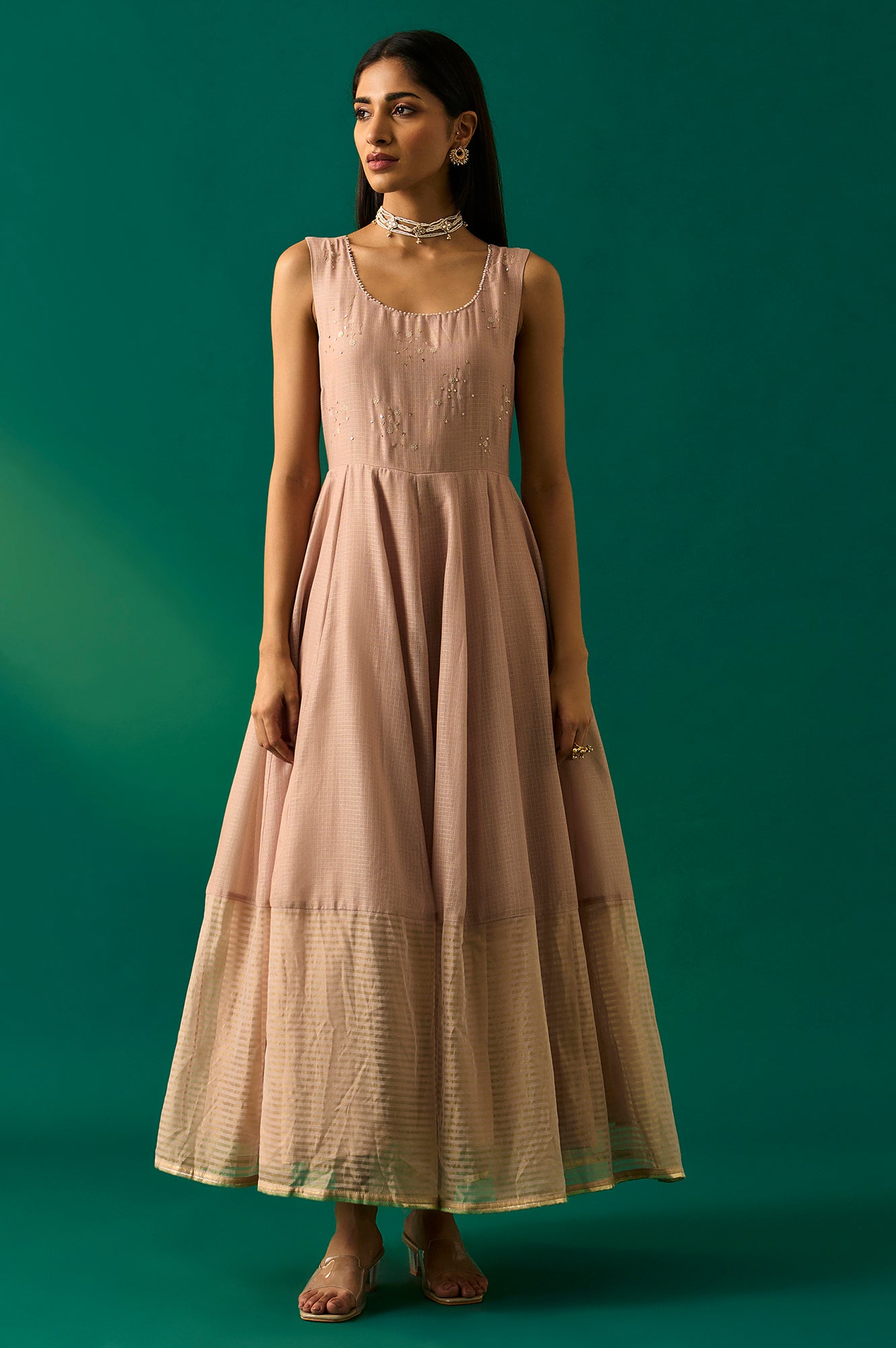 Old Rose Sequin Embroidered Mesh Jacket and Dress Set