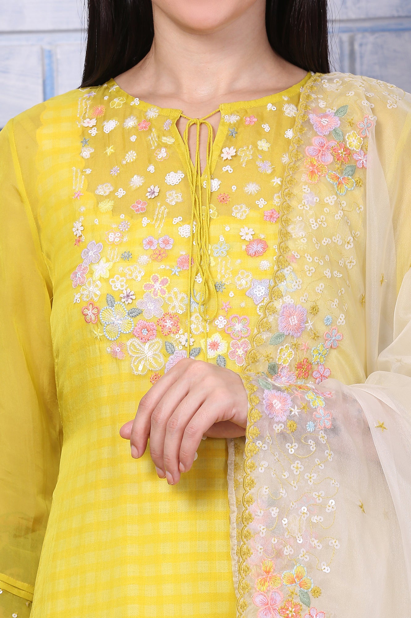 Yellow Embroidered A-line Organza Festive Kurta, Pants and Dupatta Set