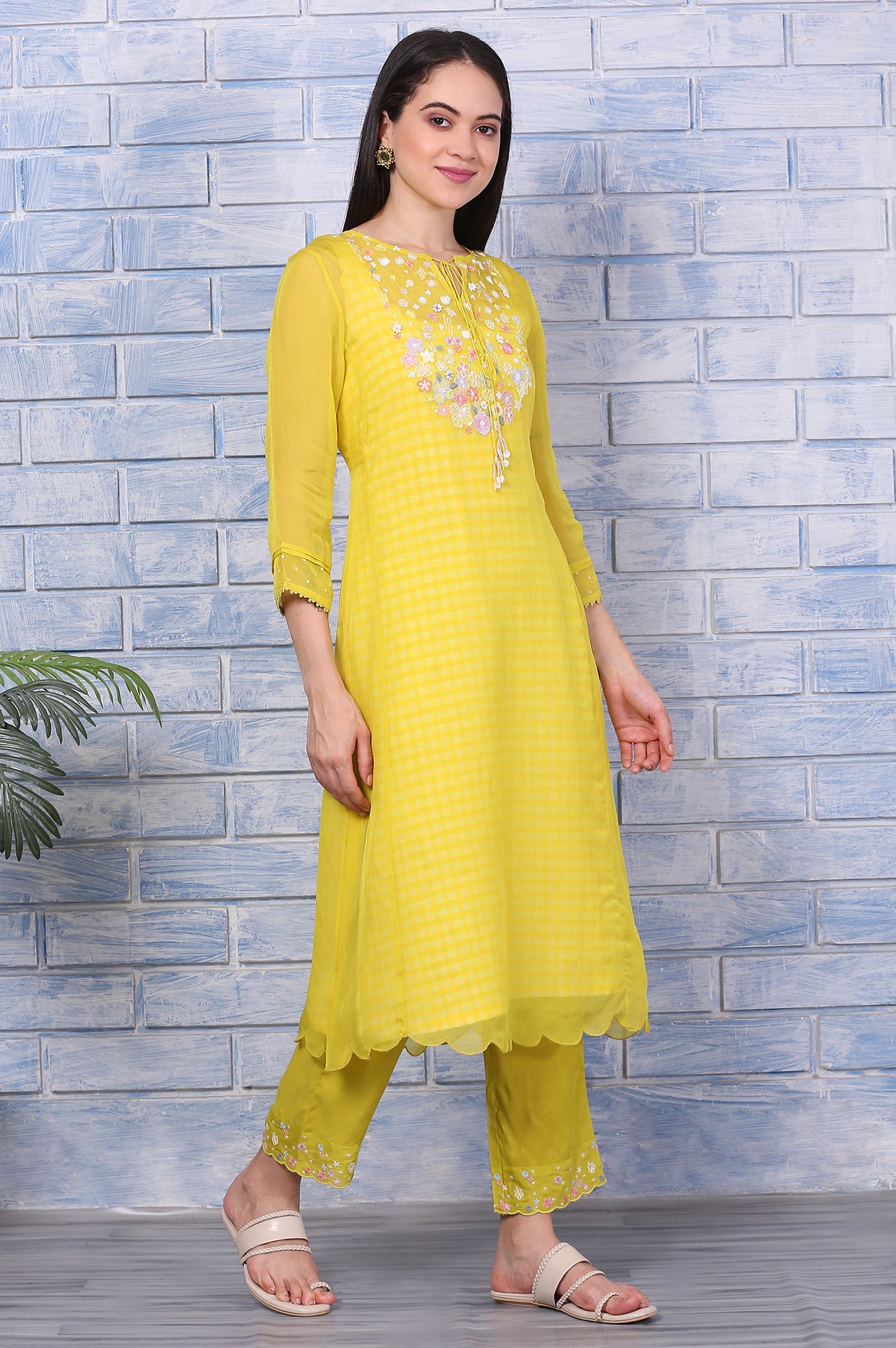 Yellow Embroidered A-line Organza Festive Kurta, Pants and Dupatta Set