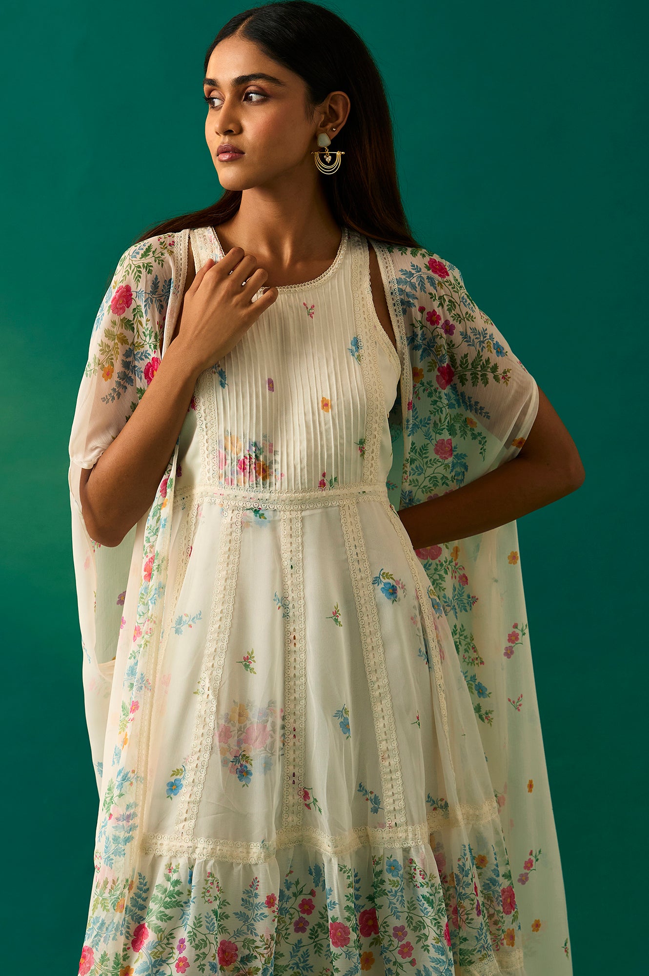 White Floral Printed Chiffon Tiered Flared Dress with Printed Cape