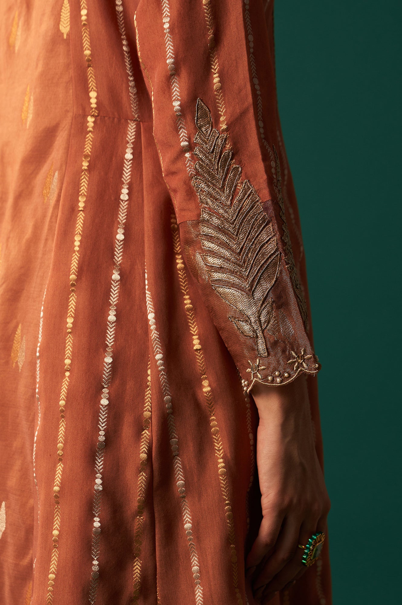 Copper Brown Metallic Embroidered Flared Chanderi Kurta with Straight Pant and Dupatta Set