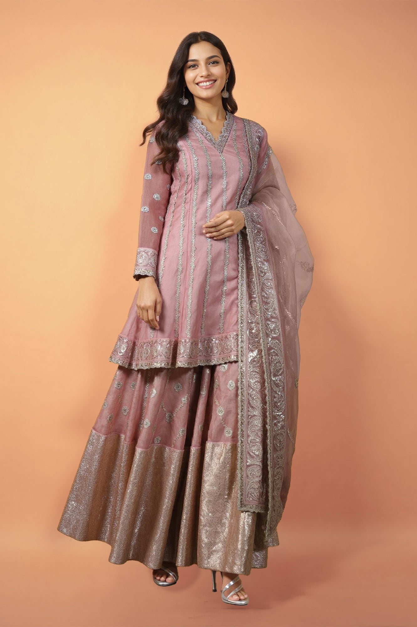 Lilac Embroidered Panelled Silk Organza Short Kurta with Culotte and Dupatta Set