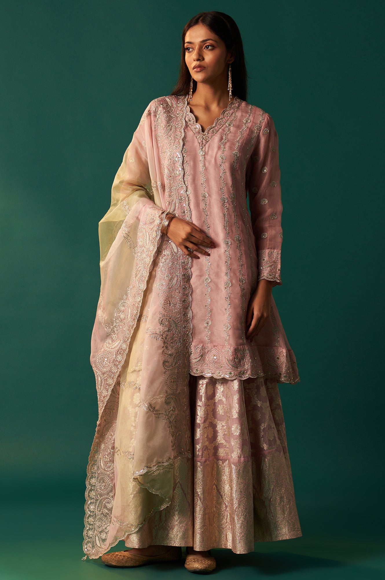 Lilac Embroidered Panelled Silk Organza Short Kurta with Culotte and Dupatta Set