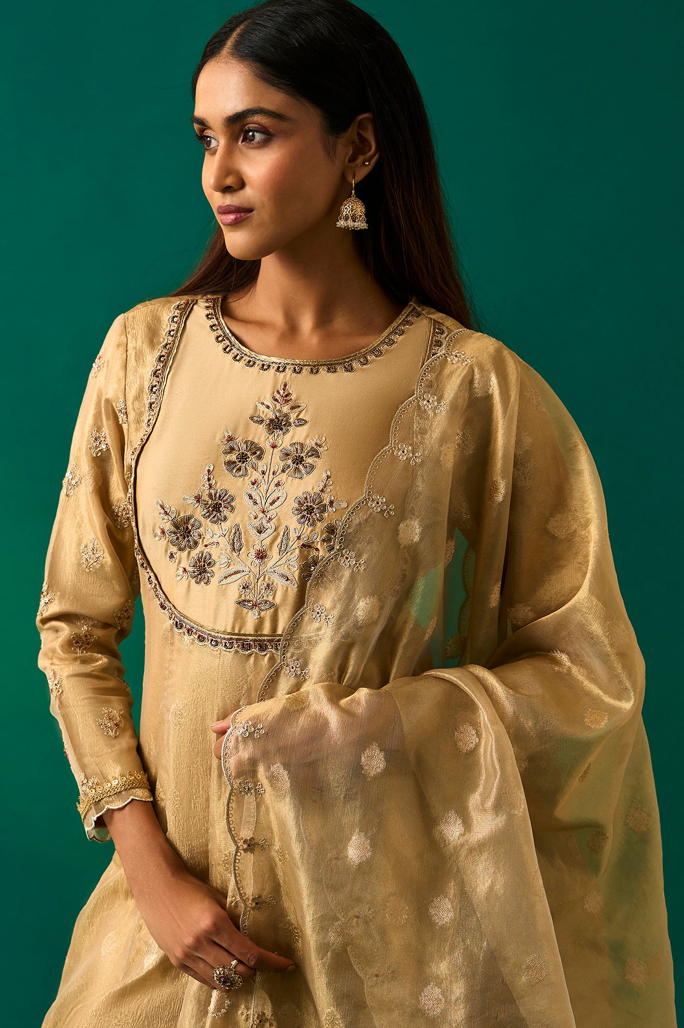 Golden Metallic Emroidered Tissue Jacquard Festive Anarkali Kurta, Pants and Dupatta Set