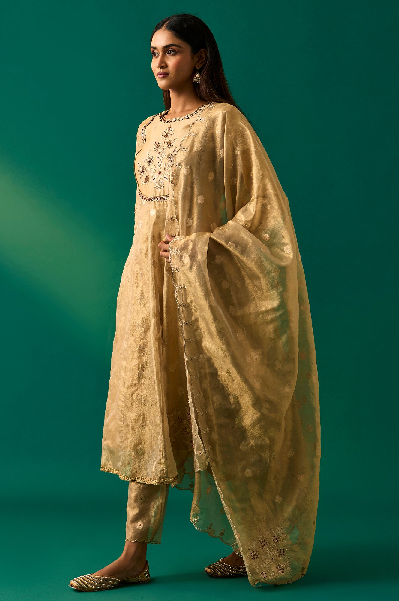 Golden Metallic Emroidered Tissue Jacquard Festive Anarkali Kurta, Pants and Dupatta Set