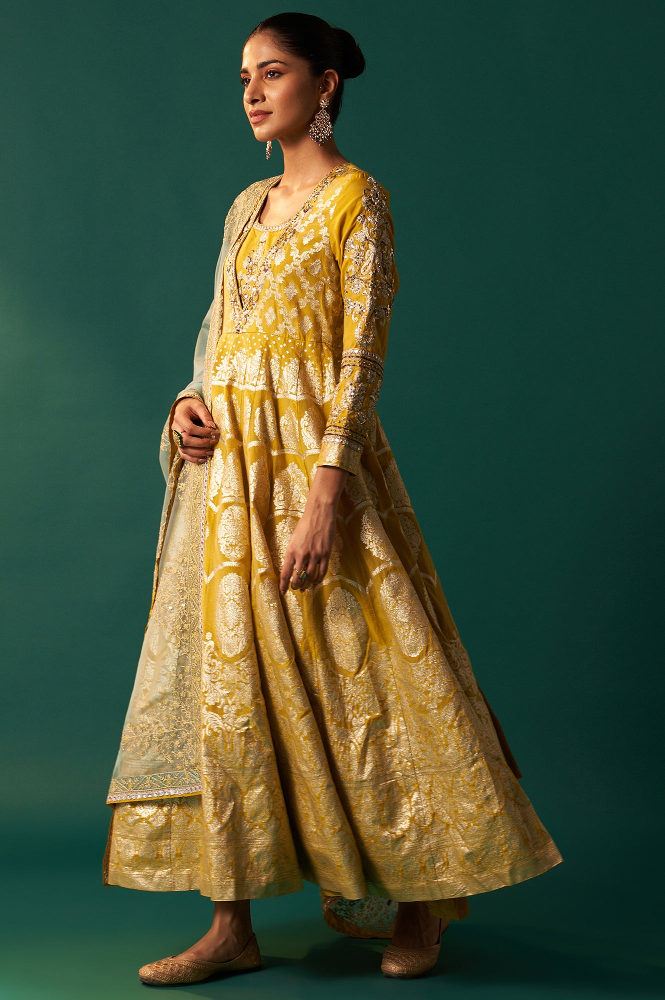 Green Embroidered Zari Work Flared Cotton Dress with Dupatta Set