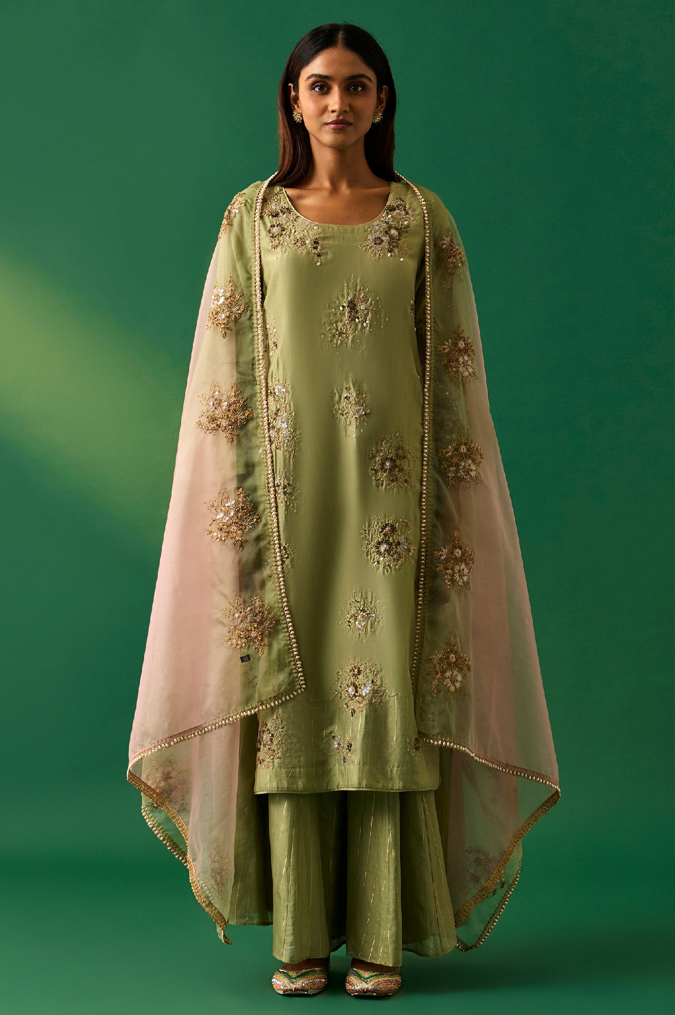 Women Green Embroidered Straight Kurta Trousers With Dupatta Set main image 1
