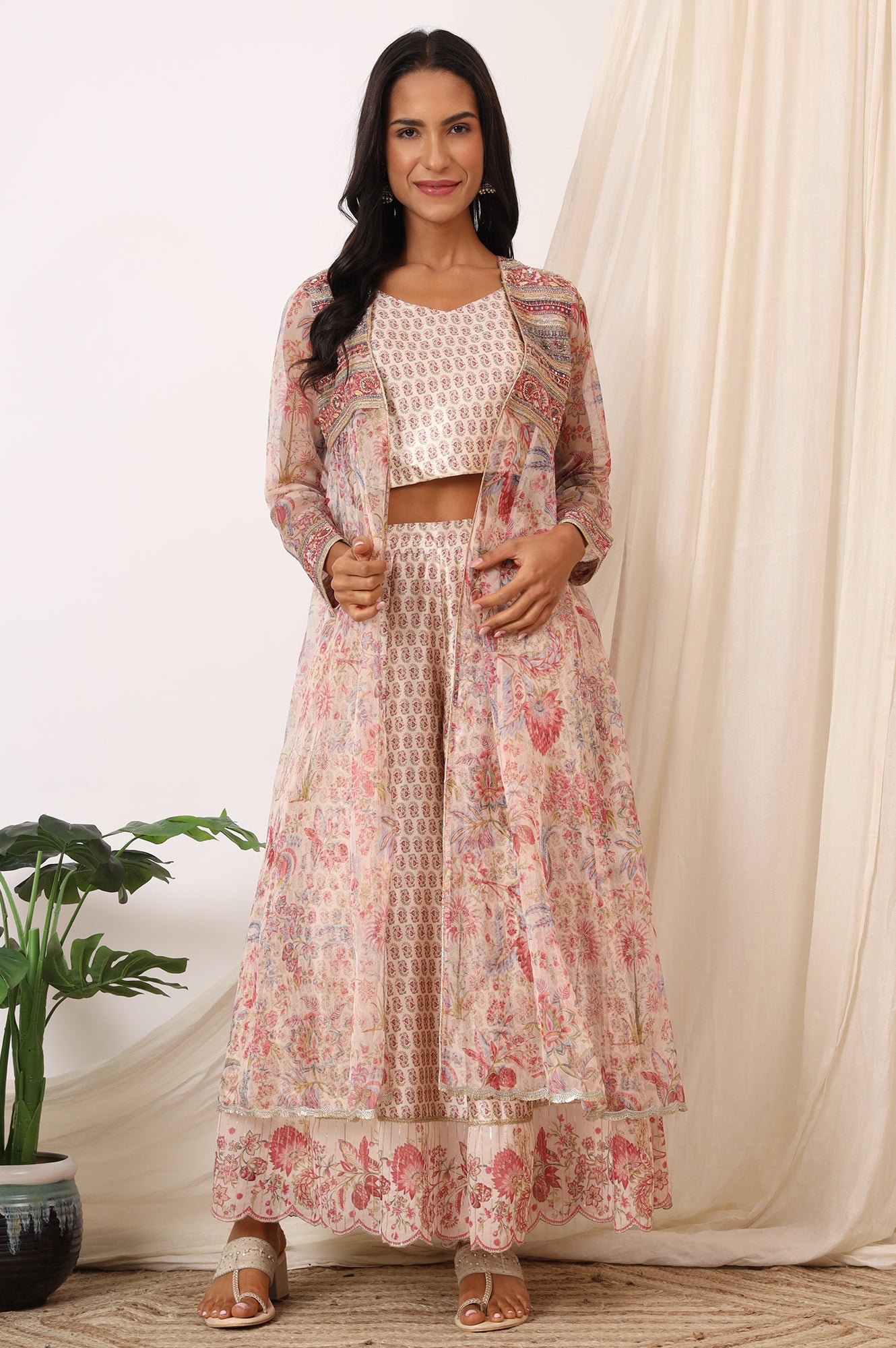 Salmon Pink Chintz Printed Organza Jacket, Crop Top and Culottes Set