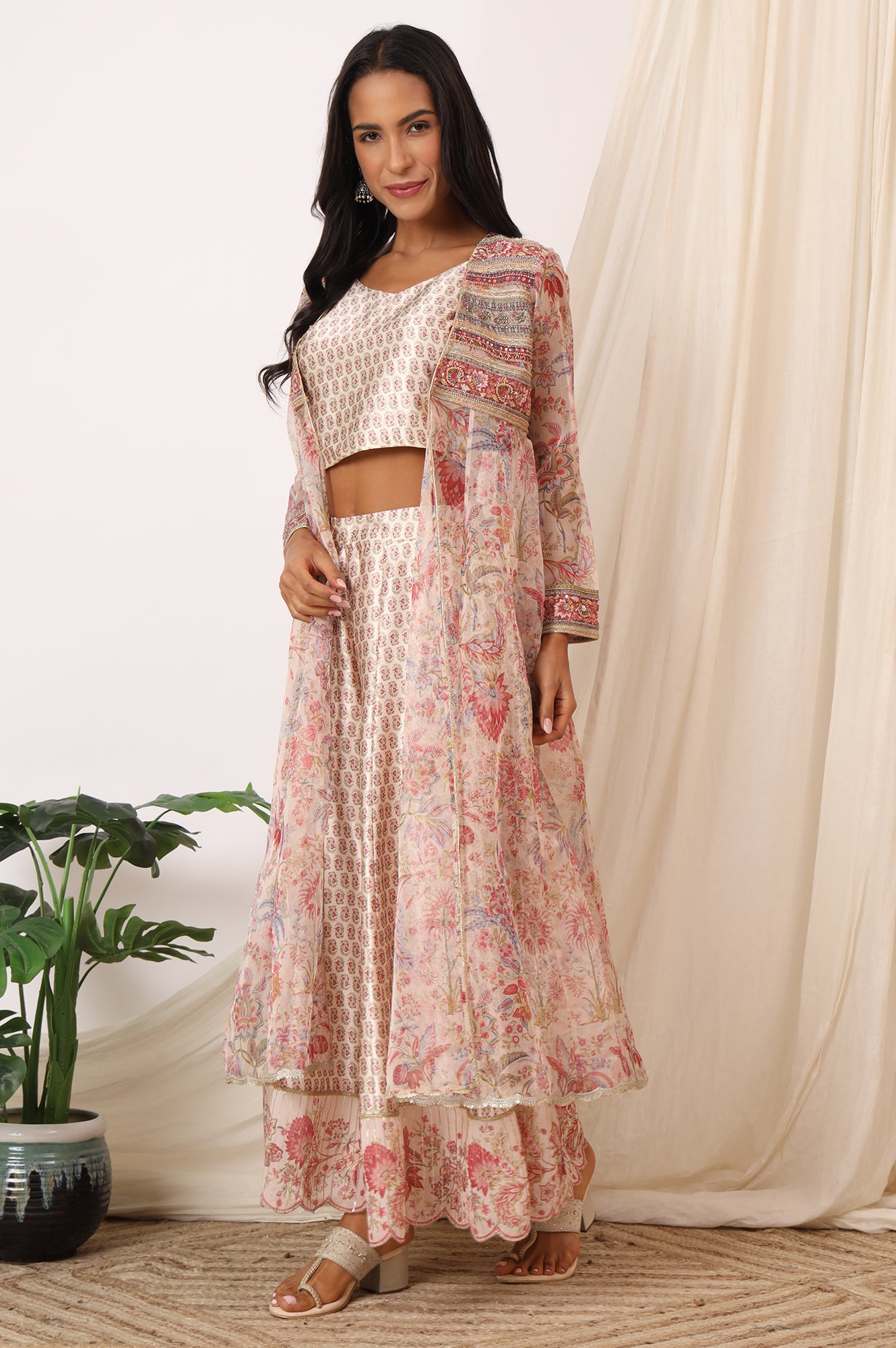 Salmon Pink Chintz Printed Organza Jacket, Crop Top and Culottes Set