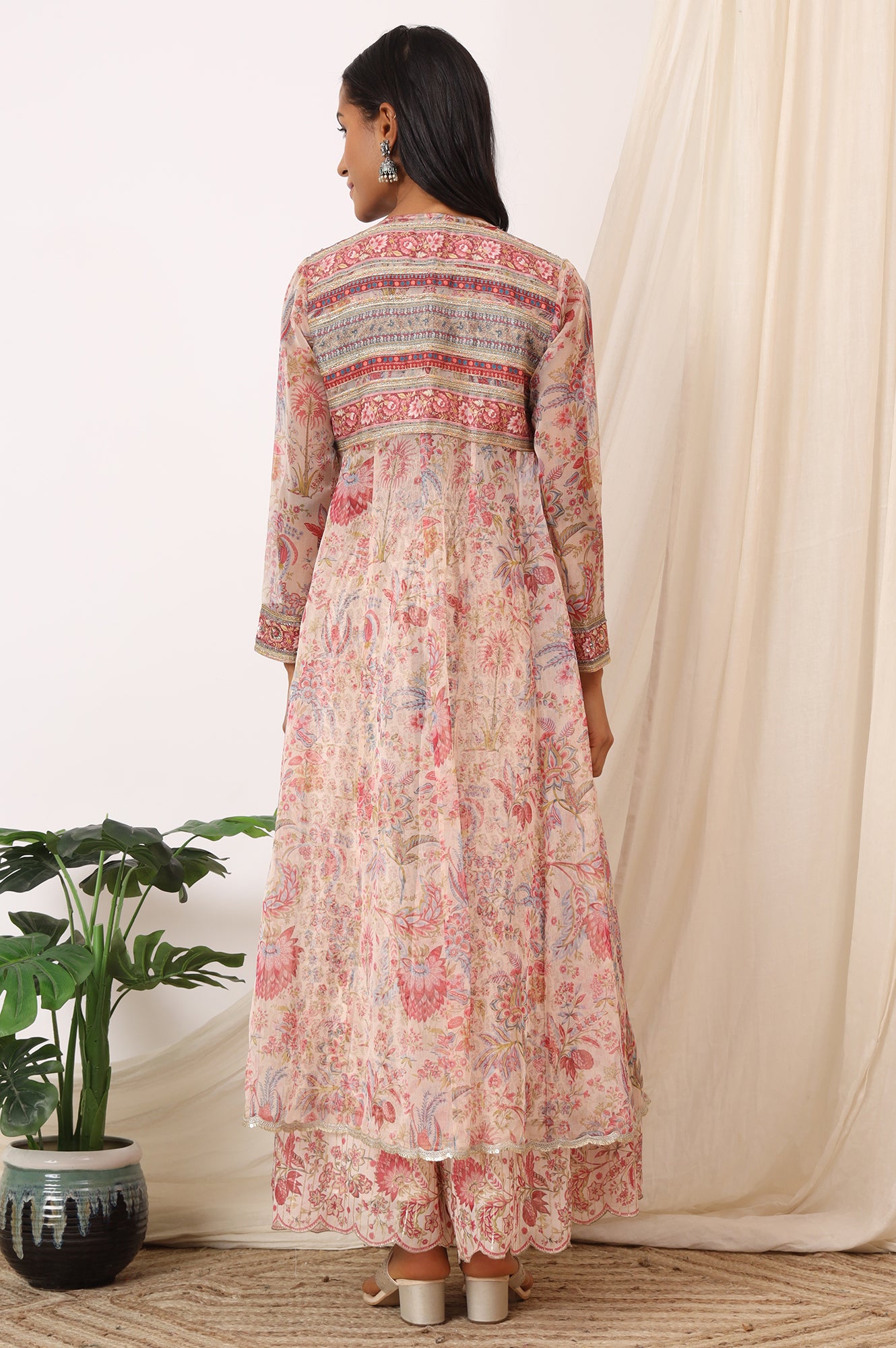 Salmon Pink Chintz Printed Organza Jacket, Crop Top and Culottes Set