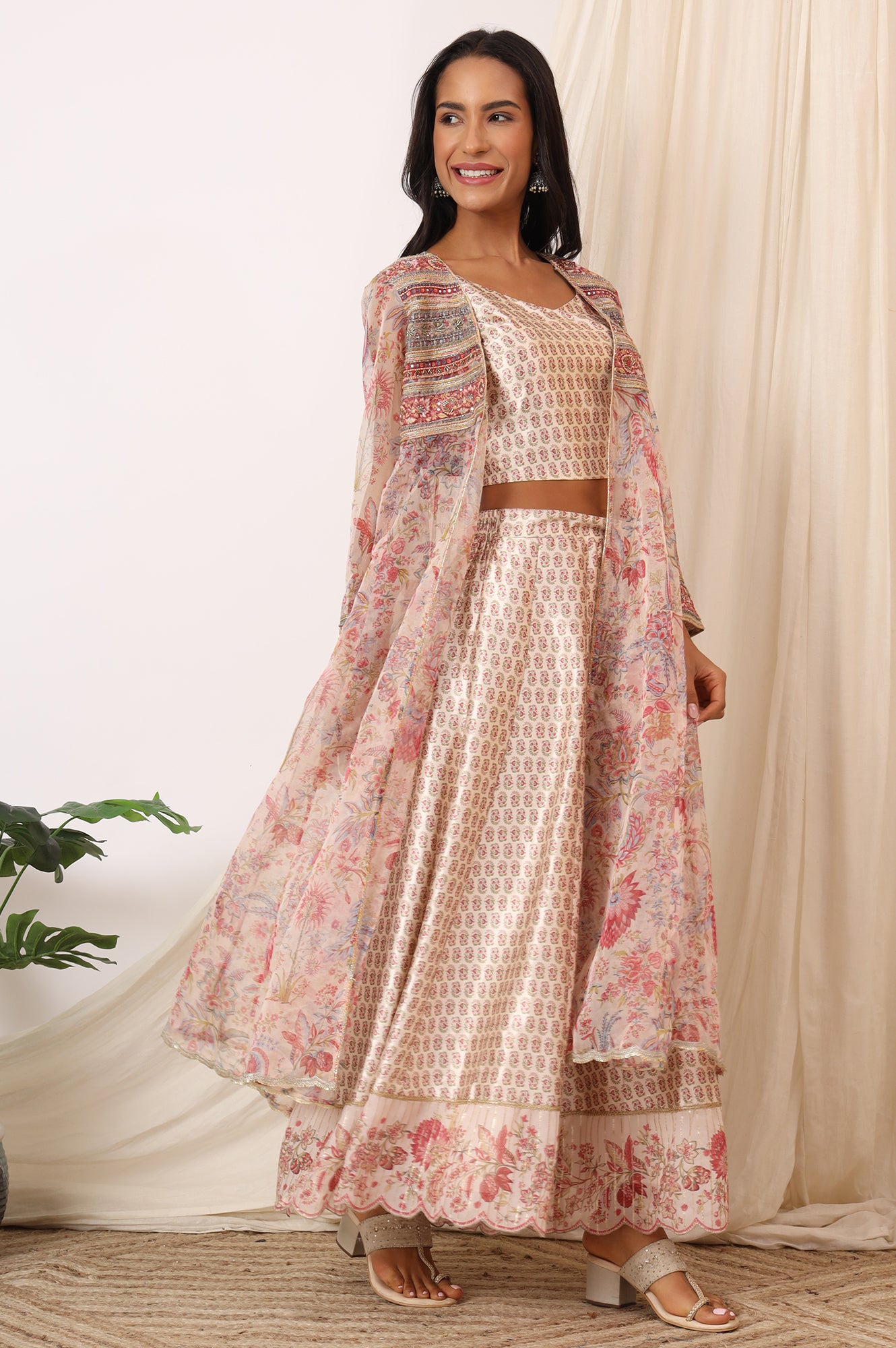 Salmon Pink Chintz Printed Organza Jacket, Crop Top and Culottes Set